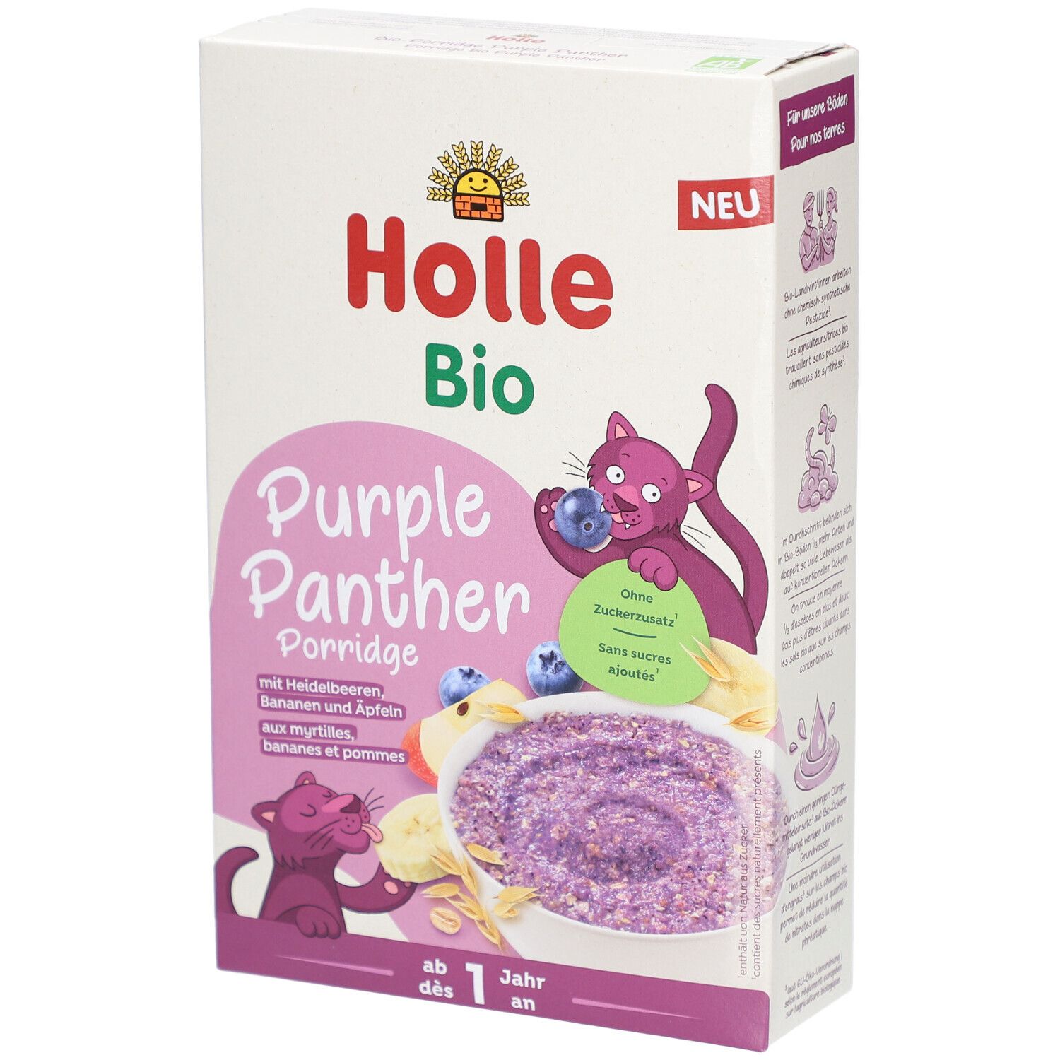 Holle Bio-Haferbrei, 'Purple Panther'. Verpackung mit Produktabbildung, lila Brei, Blaubeeren, Banane. Ab 1 Jahr.