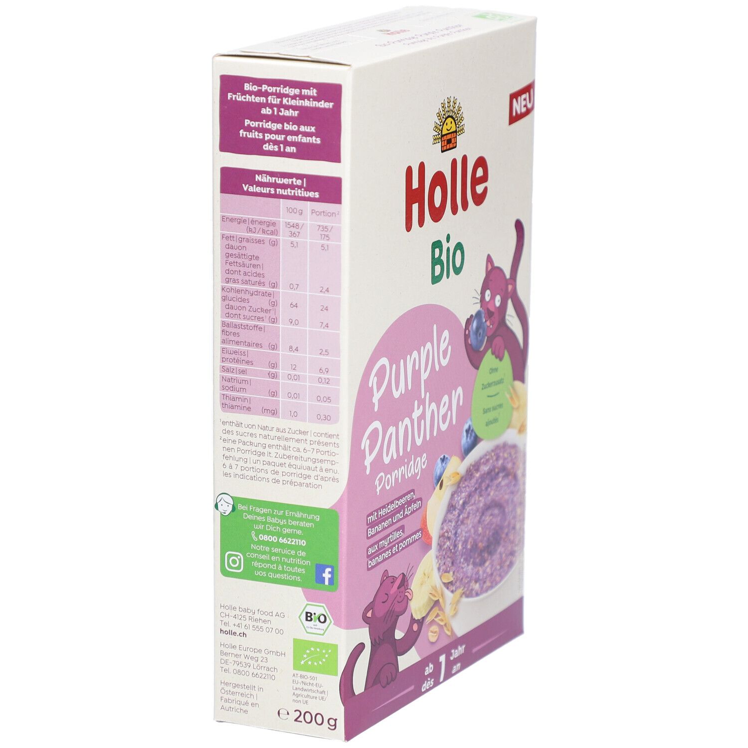 Holle Bio-Haferbrei, 'Purple Panther'. Verpackung mit Nährwertangaben und Zutatenliste. Bio-Zertifizierung, 200g. Ab 1 Jahr.