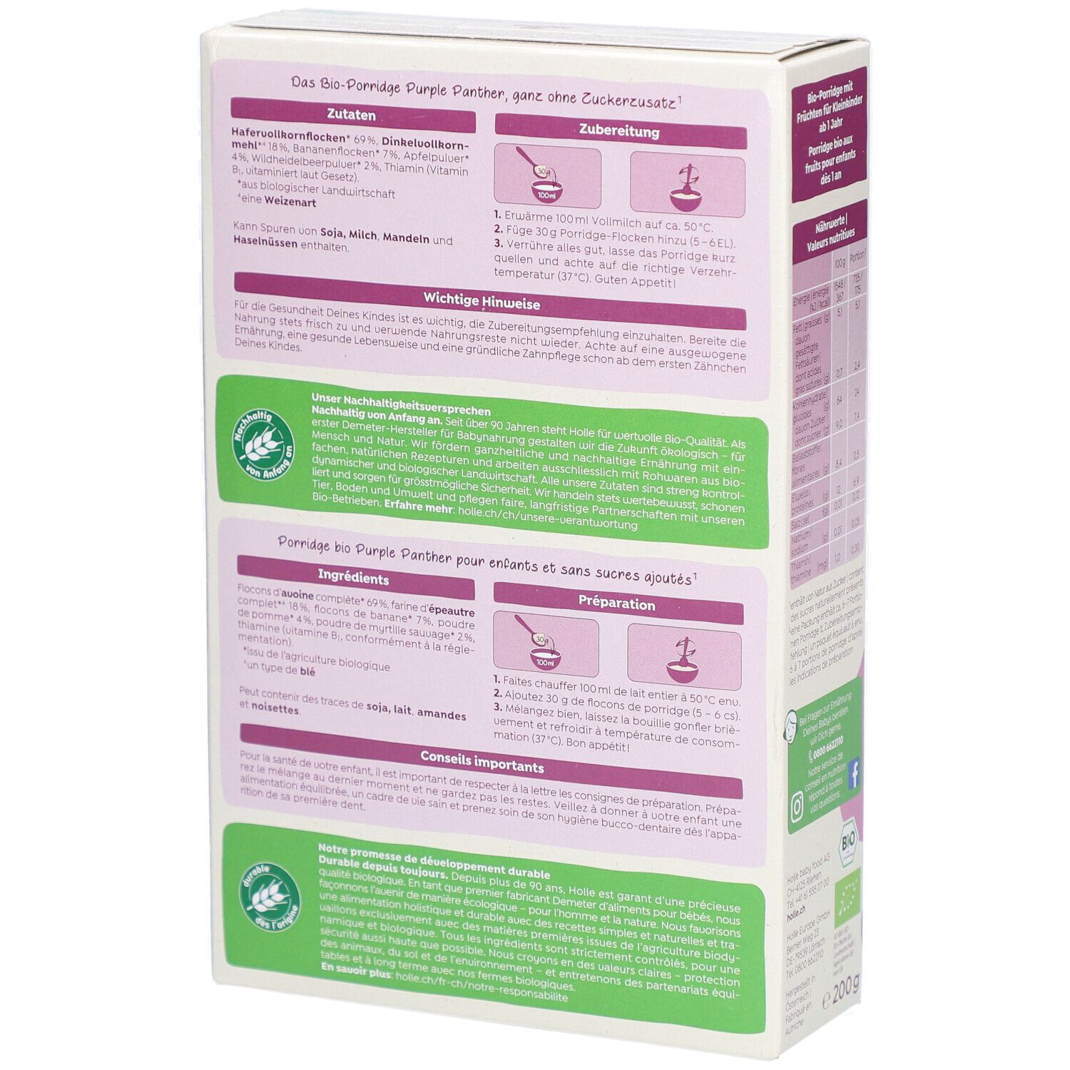 Rückseite der Holle Bio-Haferbrei-Verpackung. Zutaten, Zubereitung, wichtige Hinweise. Bio-Zertifizierung, 200g.