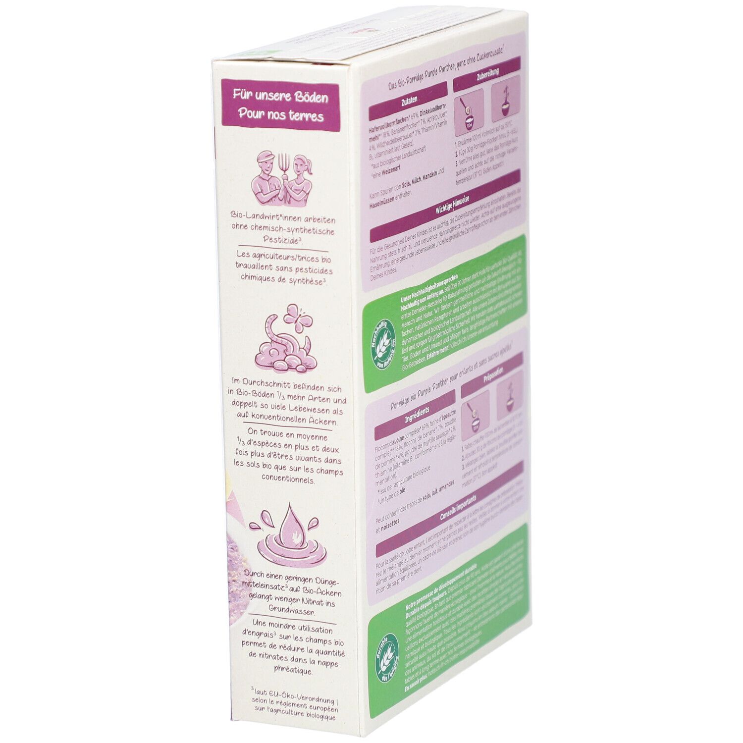 Seite der Holle Bio-Haferbrei-Verpackung. Informationen über Bio-Anbau. Bio-Zertifizierung.