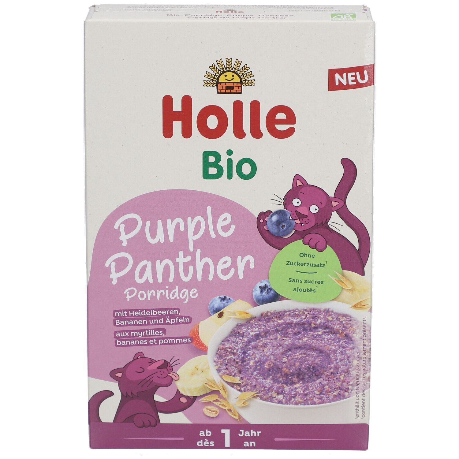 Holle Bio-Haferbrei, 'Purple Panther'. Verpackung mit Produktabbildung, lila Brei, Blaubeeren, Banane. Ab 1 Jahr.