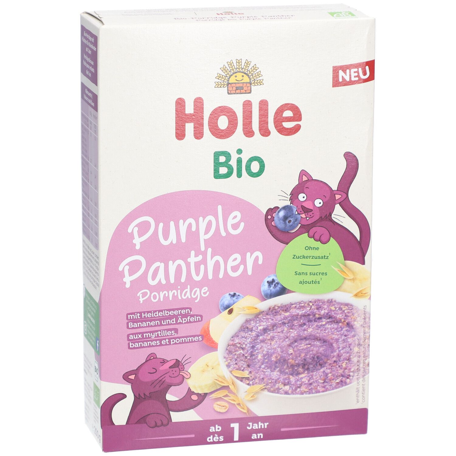 Holle Bio-Haferbrei, 'Purple Panther'. Verpackung mit Produktabbildung, lila Brei, Blaubeeren, Banane. Ab 1 Jahr.