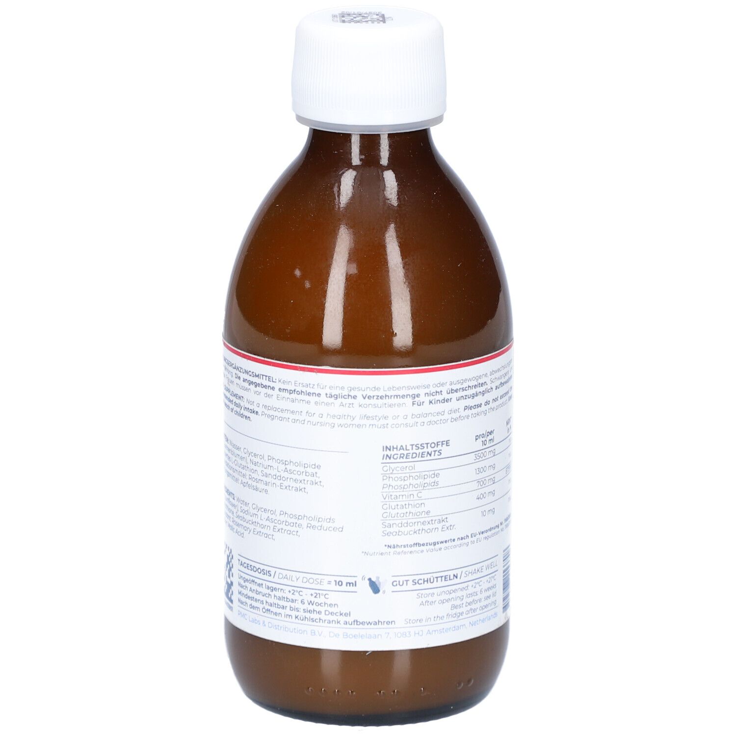 Rückseite der braunen Flasche. Etikett mit Inhaltsstoffen und Nährwertangaben. Enthält Glutathion, Vitamin C und weitere Inhaltsstoffe.
