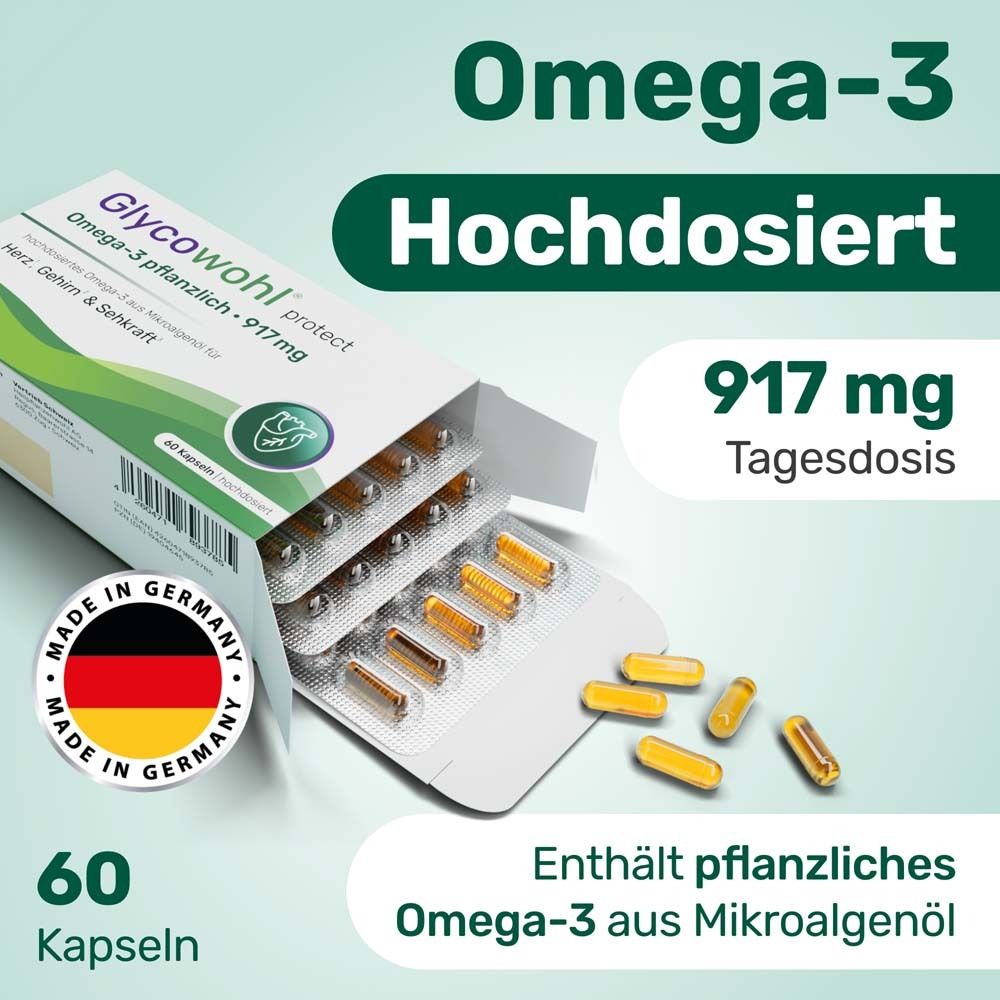 Paquet de Glycowohl protect Omega-3. Blister de gélules. Dose journalière 917 mg.