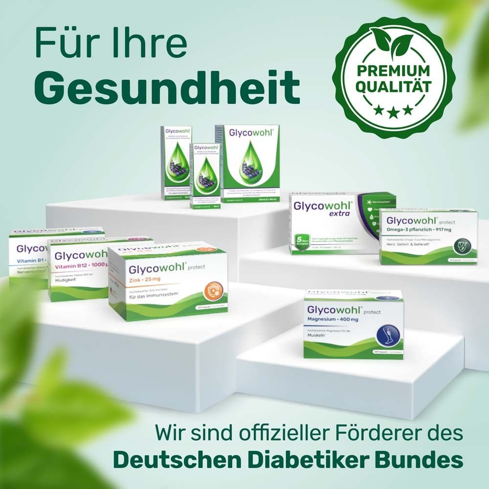 Différents produits Glycowohl. Qualité premium. Soutien de l'Association allemande du diabète.
