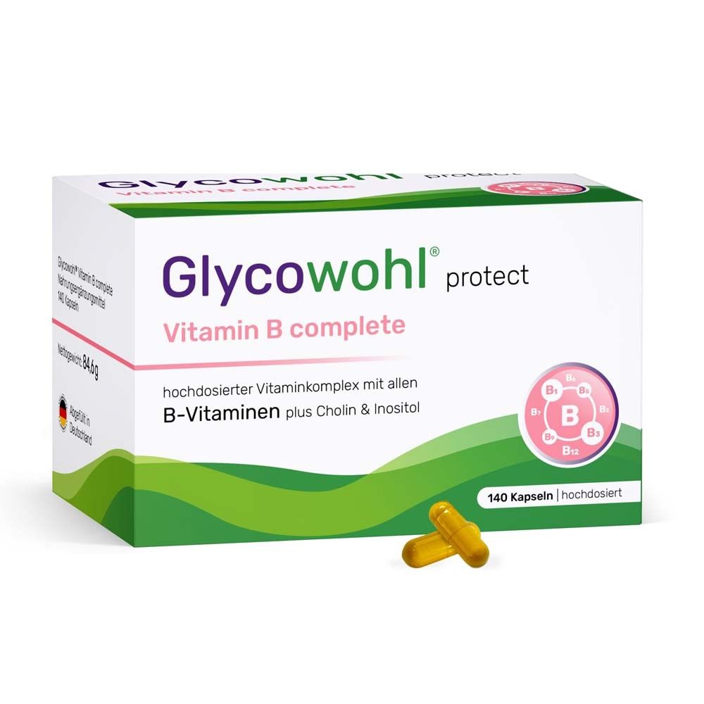 Boîte de Glycowohl protect Vitamin B complete. 140 gélules. Vert, blanc et rose. Gélules à côté.