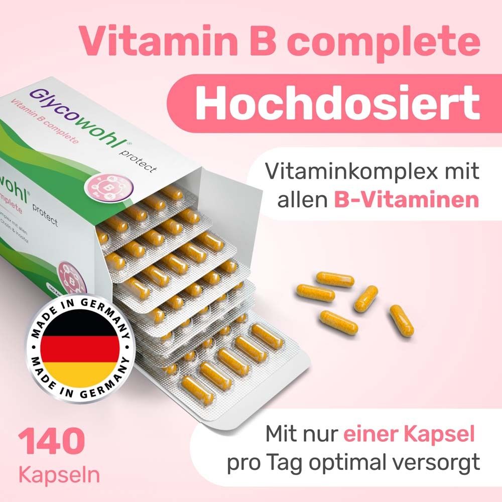 Paquet de Glycowohl protect Vitamin B complete. Paquet ouvert avec gélules. Fabriqué en Allemagne. 140 gélules.