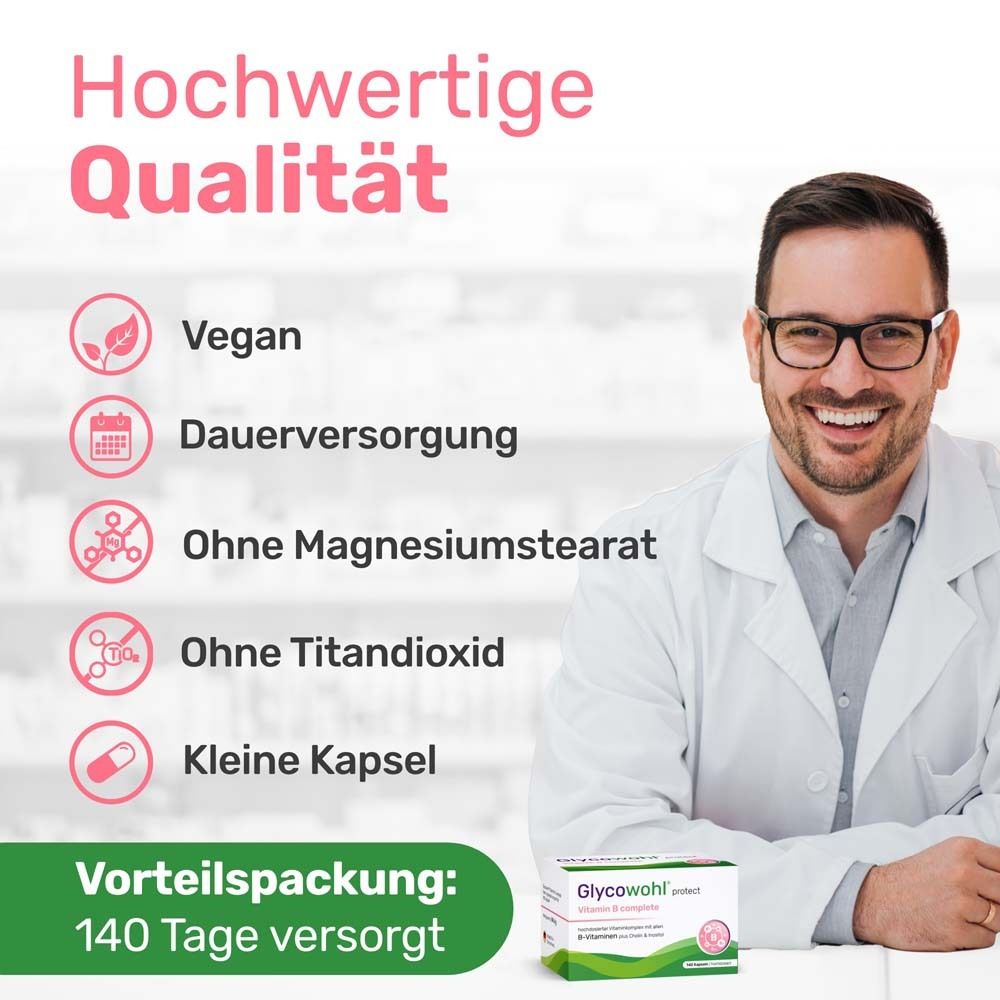 Médecin avec des lunettes. Icônes : Végétalien, approvisionnement à long terme, sans stéarate de magnésium, sans dioxyde de titane, petite gélule.