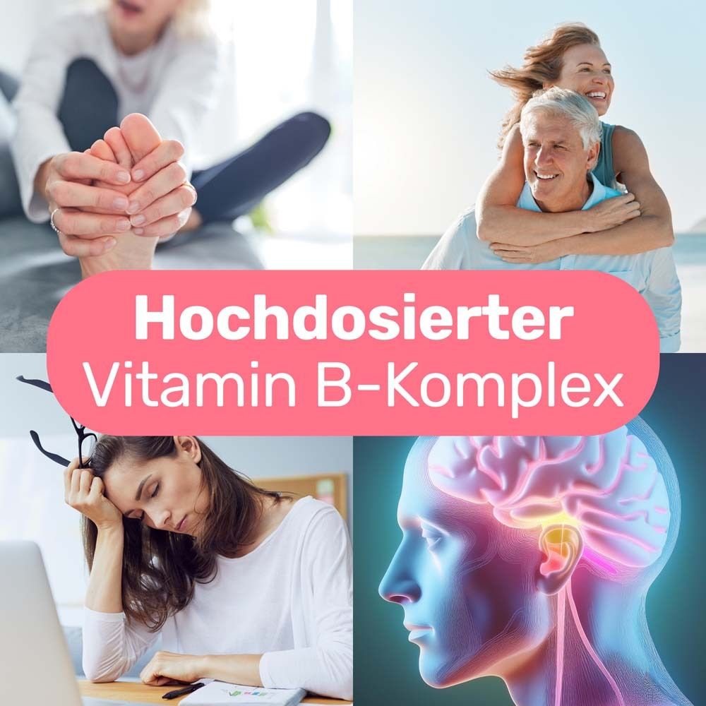 Collage : femme avec pieds, couple, femme avec tête sur table, cerveau. Texte : Complexe de vitamine B à haute dose.