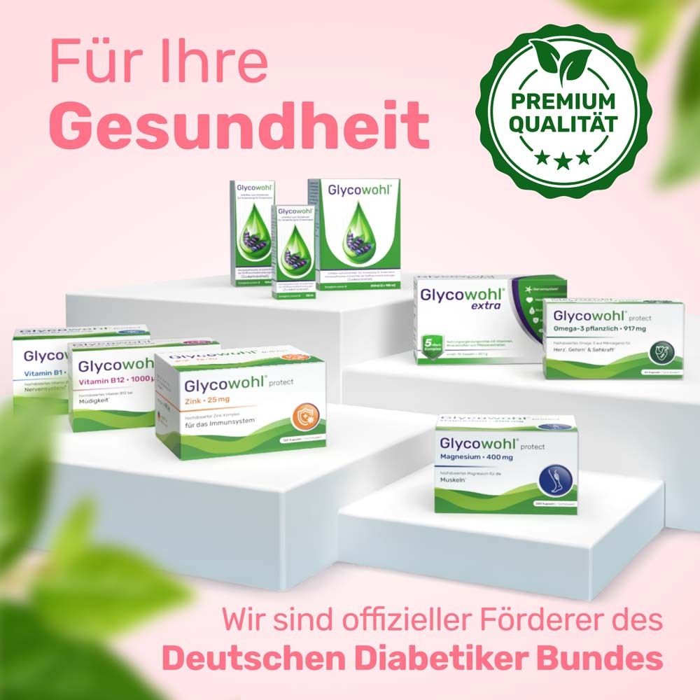 Présentation du produit. Différents produits Glycowohl. Qualité supérieure. Soutien de l'Association allemande du diabète.