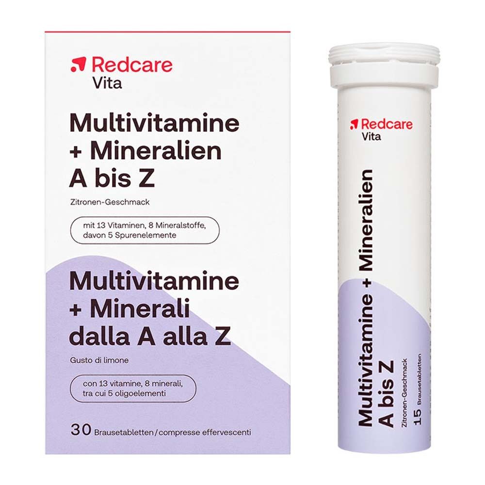 Tube de comprimés effervescents avec nom du produit et logo. Inscription : Multivitamine + Minéraux A à Z, 15 comprimés.