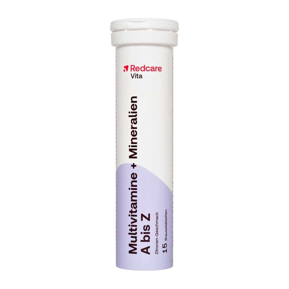 Tube de comprimés effervescents avec nom du produit et logo. Inscription : Multivitamine + Minéraux A à Z, 15 comprimés.