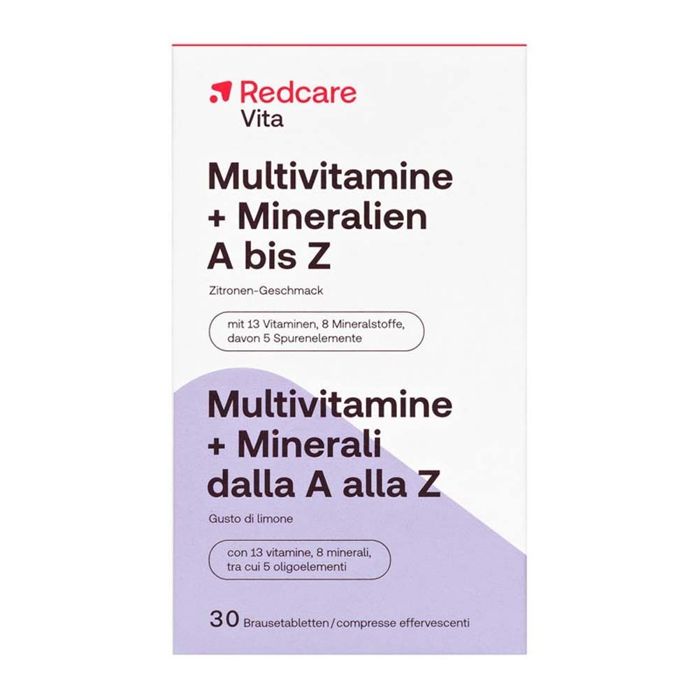 Emballage du produit avec nom et logo. Inscription : Multivitamine + Minéraux A à Z, 30 comprimés effervescents.