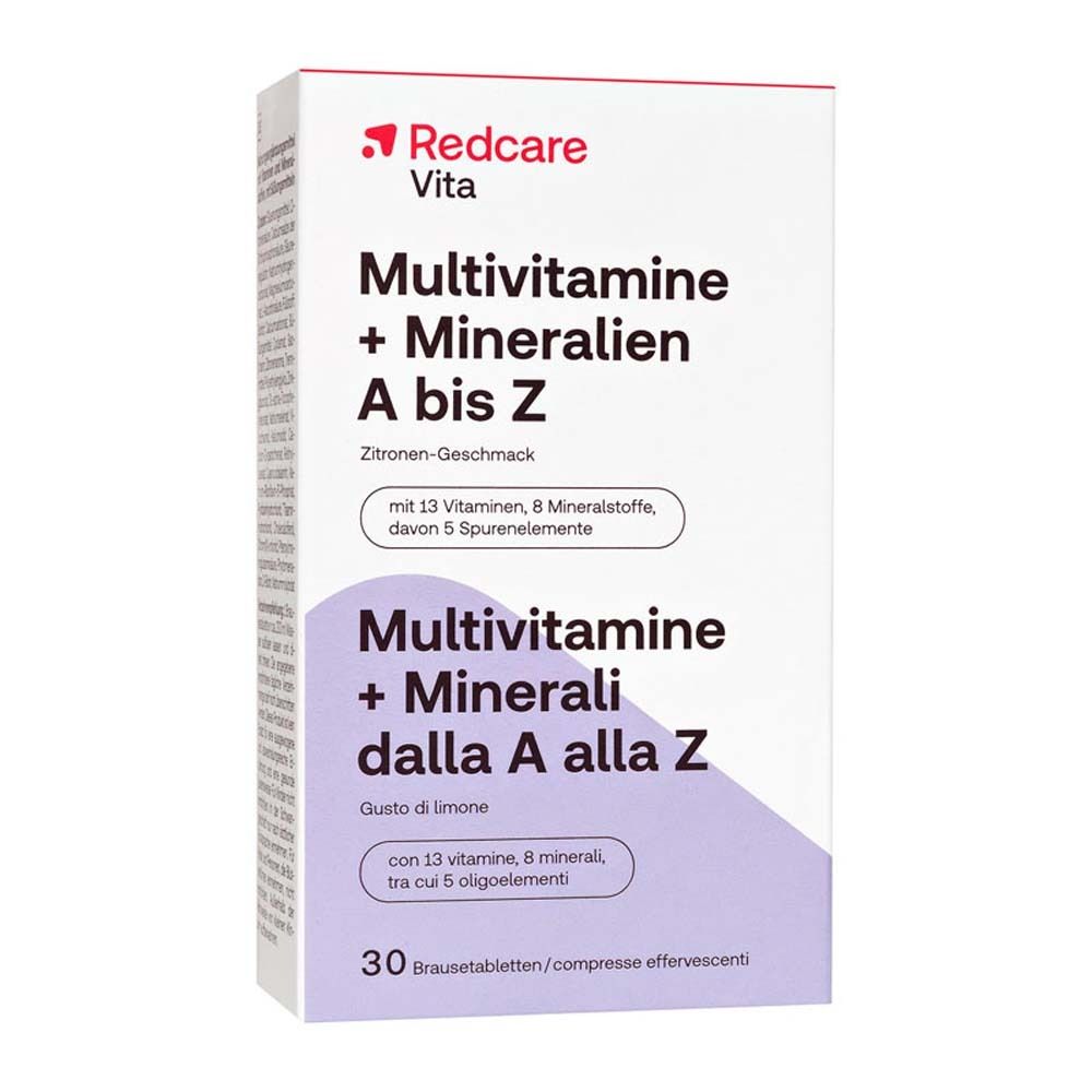 Emballage du produit avec nom et logo. Inscription : Multivitamine + Minéraux A à Z, 30 comprimés effervescents.