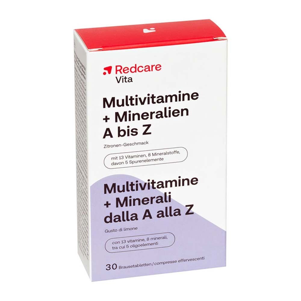 Emballage du produit avec nom et logo. Inscription : Multivitamine + Minéraux A à Z, 30 comprimés effervescents.