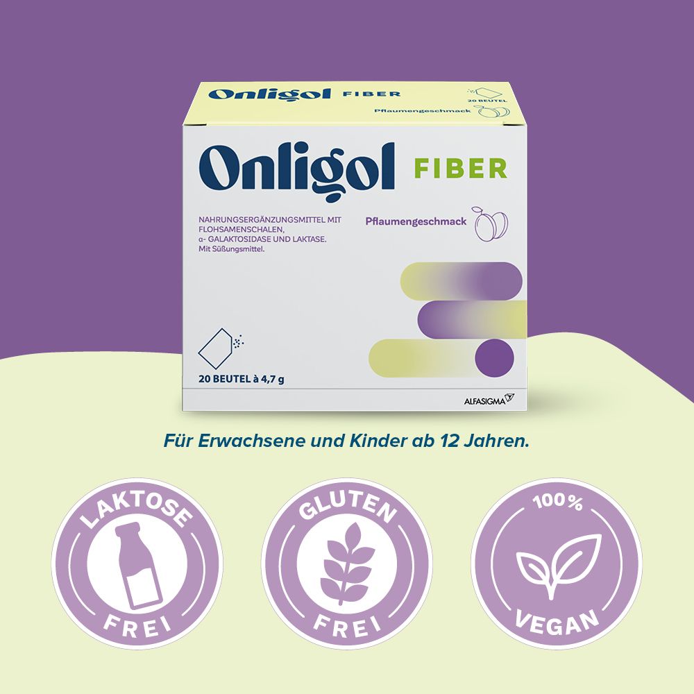Emballage d'Onligol Fiber avec 20 sachets de 4,7 g, saveur prune. Sceaux : Sans lactose, Sans gluten, Vegan.