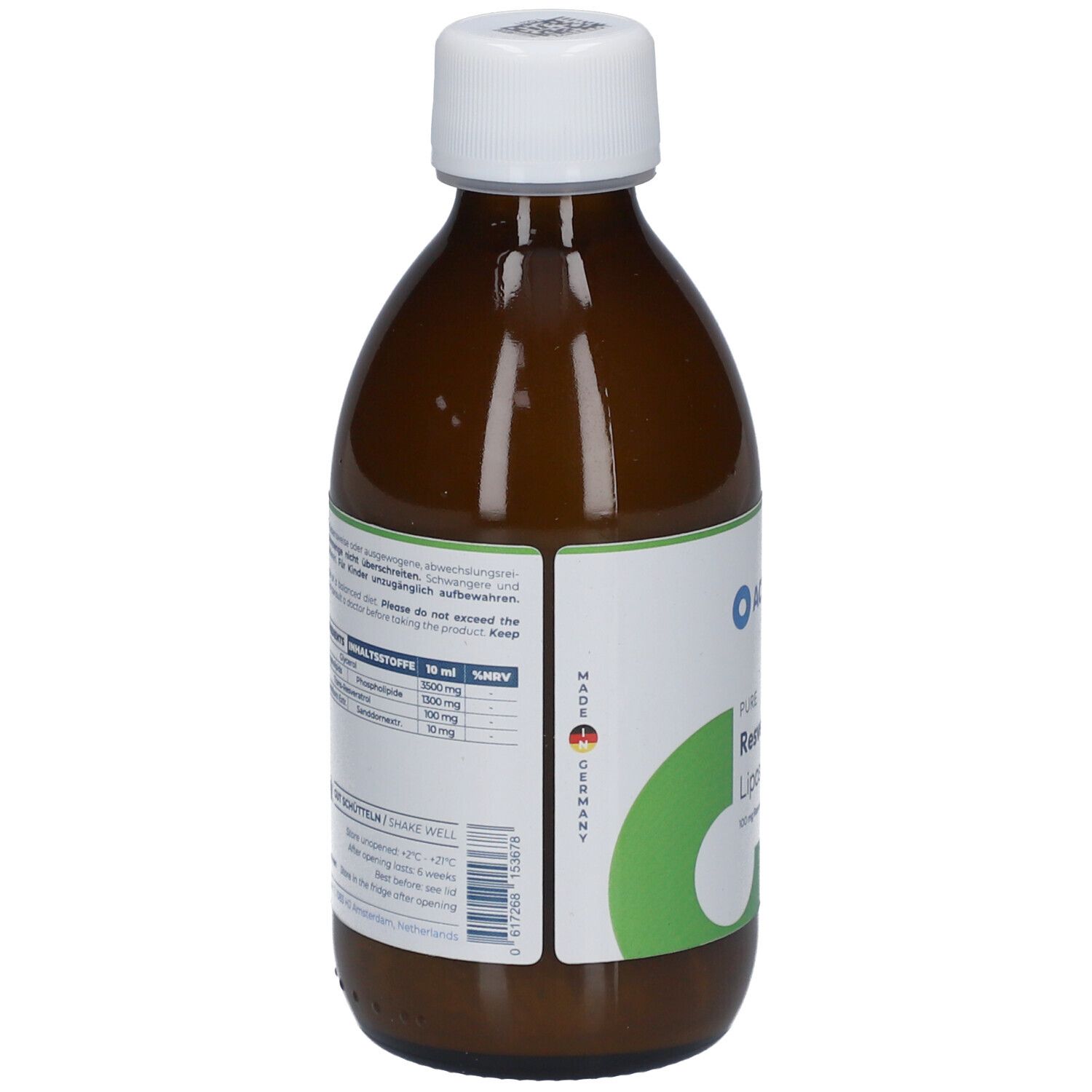 Vue arrière de la bouteille marron. Étiquette avec informations sur le produit et ingrédients. Texte en allemand.