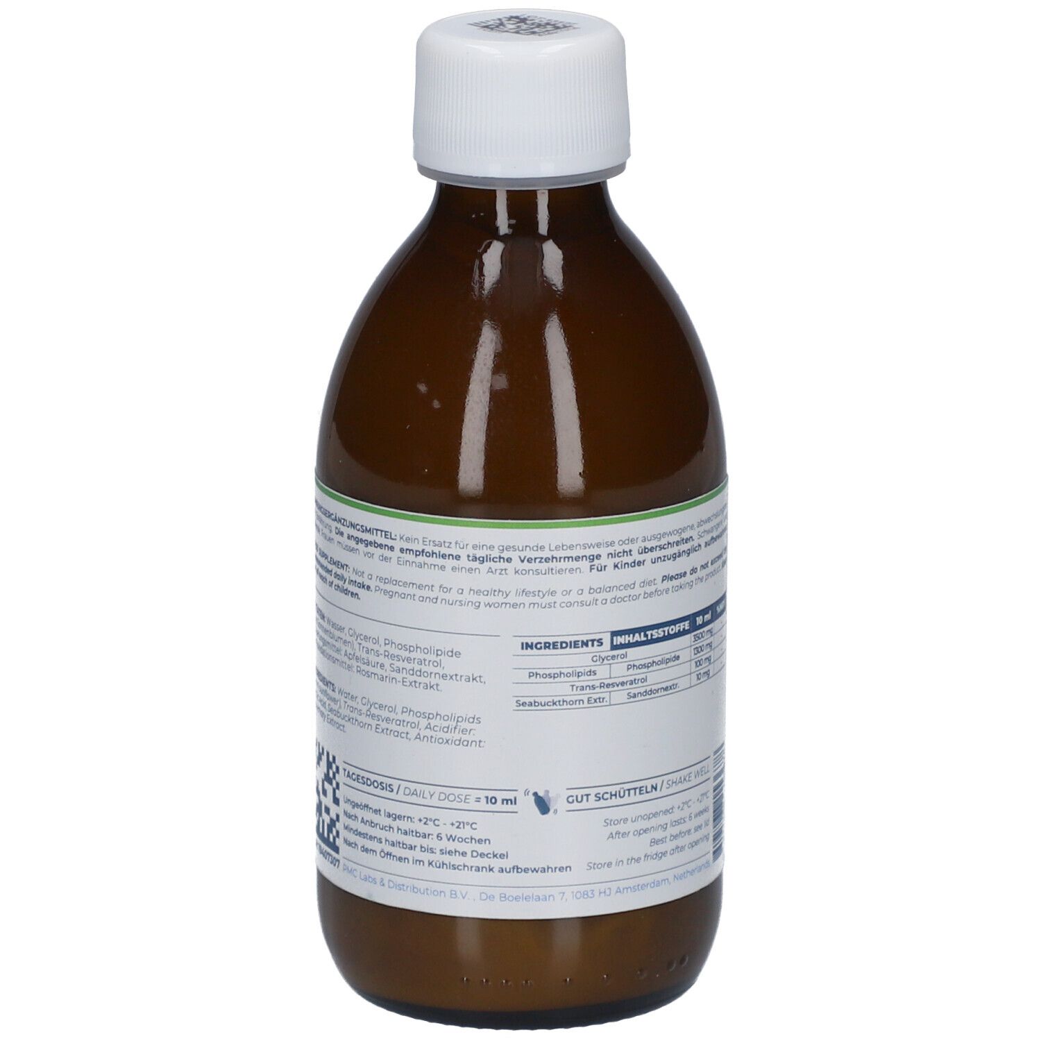 Vue arrière de la bouteille marron. Étiquette avec informations sur le produit et ingrédients. Texte en allemand.