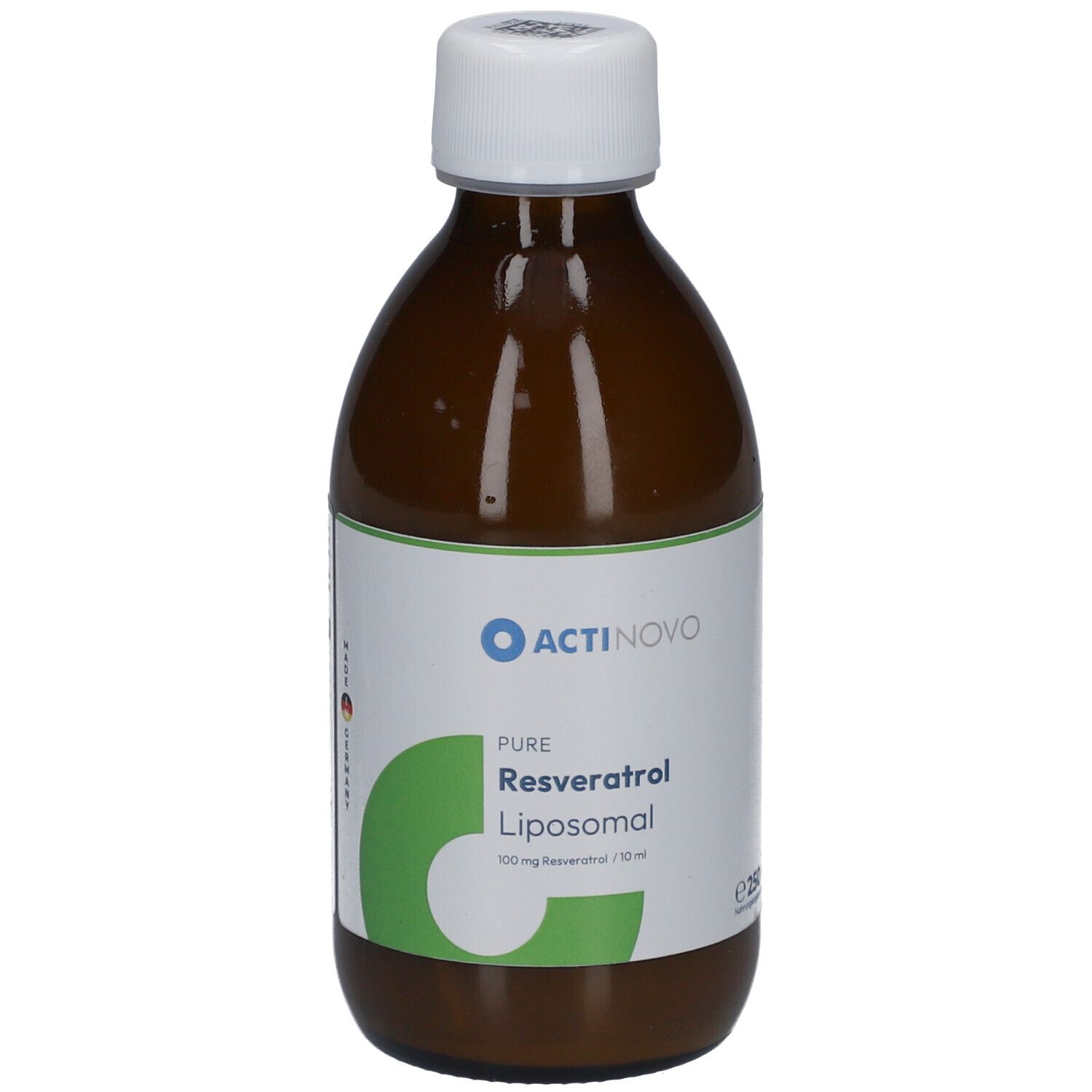 Bouteille marron avec bouchon blanc. Étiquette avec logo ACTINOVO et nom du produit: Resvératrol Liposomal.