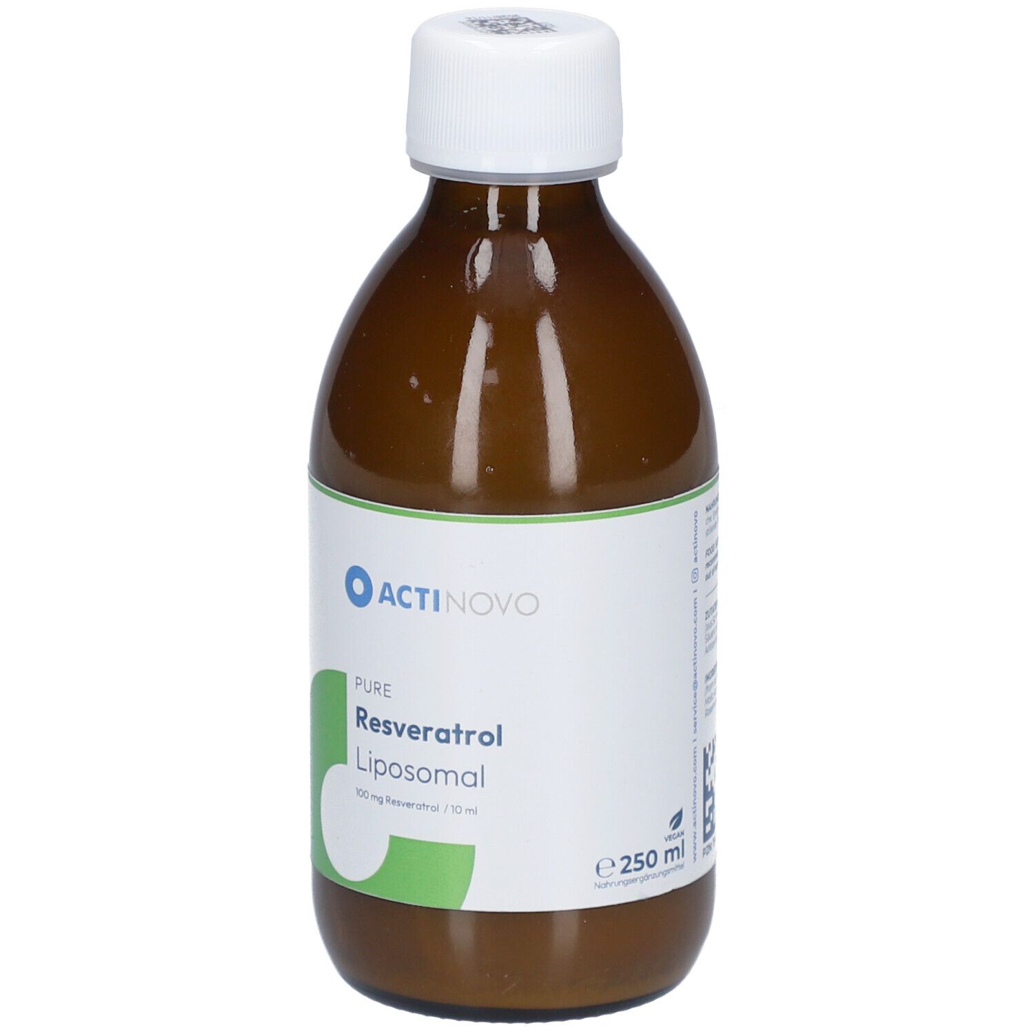 Bouteille marron avec bouchon blanc. Étiquette avec logo ACTINOVO et nom du produit: Resvératrol Liposomal.