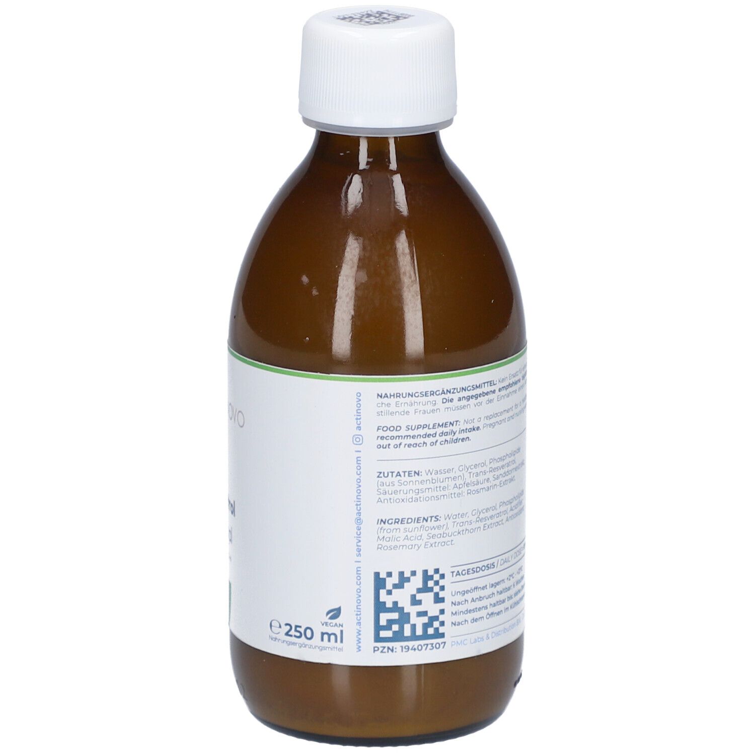 Vue arrière de la bouteille marron. Étiquette avec informations sur le produit et ingrédients. Texte en allemand.