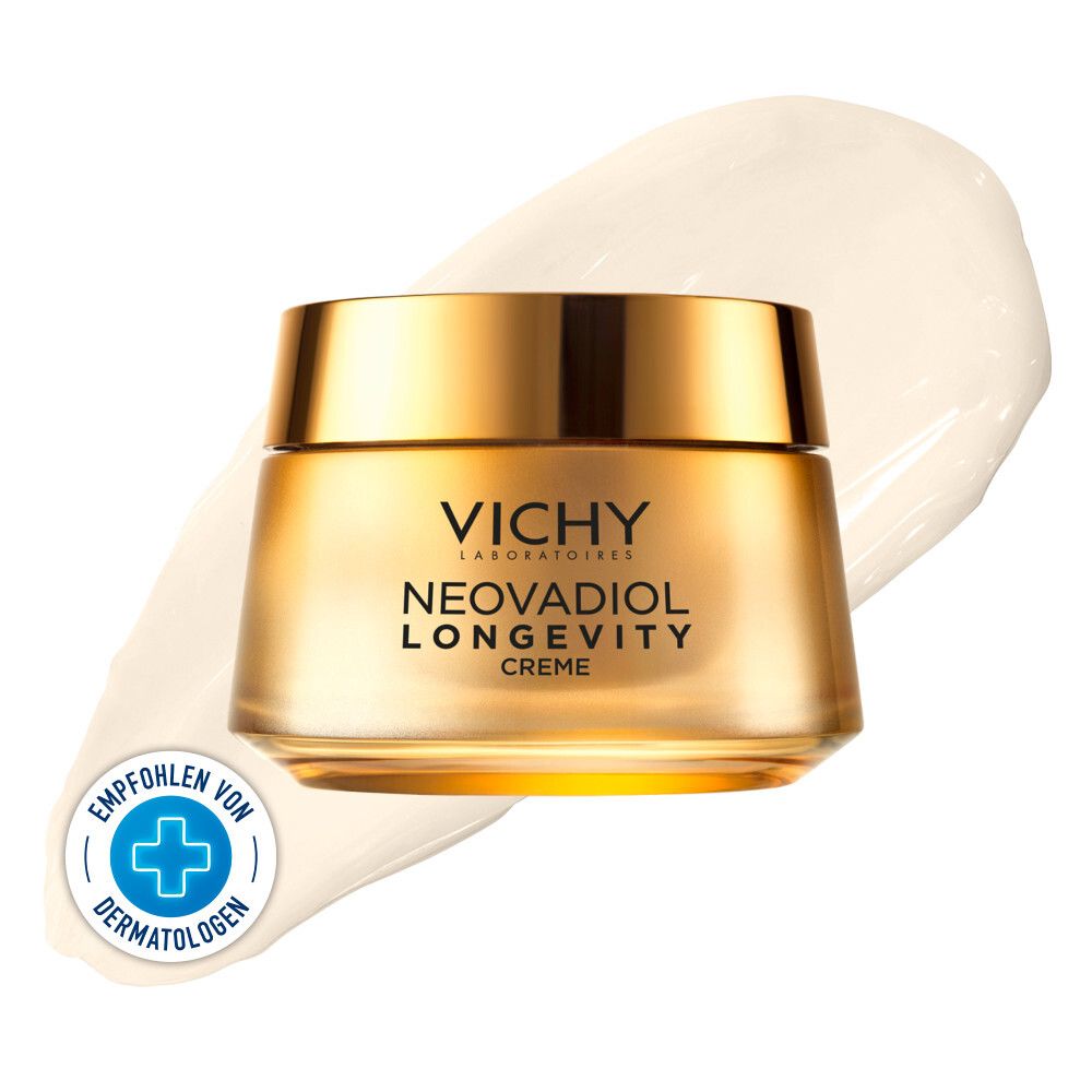 Pot doré de crème Vichy Neovadiol Longevity. Recommandé par les dermatologues.