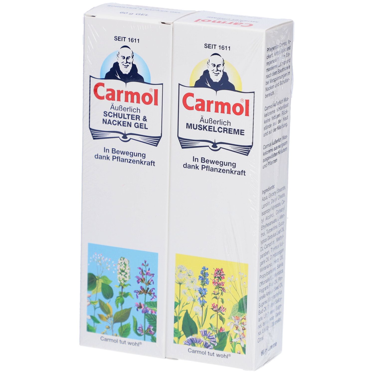 Zwei weiße Kartons mit Carmol-Logo und Produktnamen. Aufdrucke: Schulter & Nacken Gel und Muskelcreme. Illustrationen von Blumen.