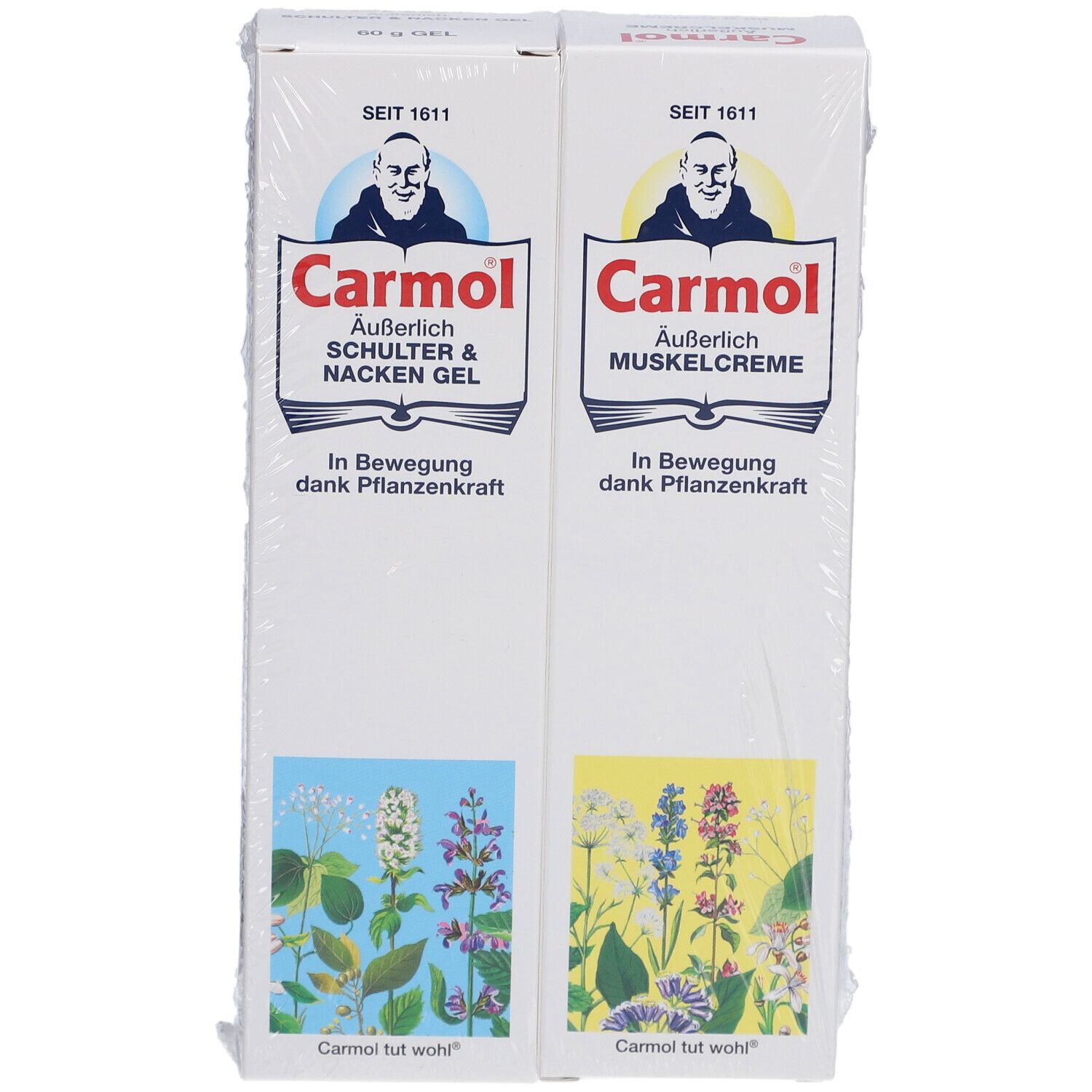 Zwei weiße Kartons mit Carmol-Logo und Produktnamen. Aufdrucke: Schulter & Nacken Gel und Muskelcreme. Illustrationen von Blumen.