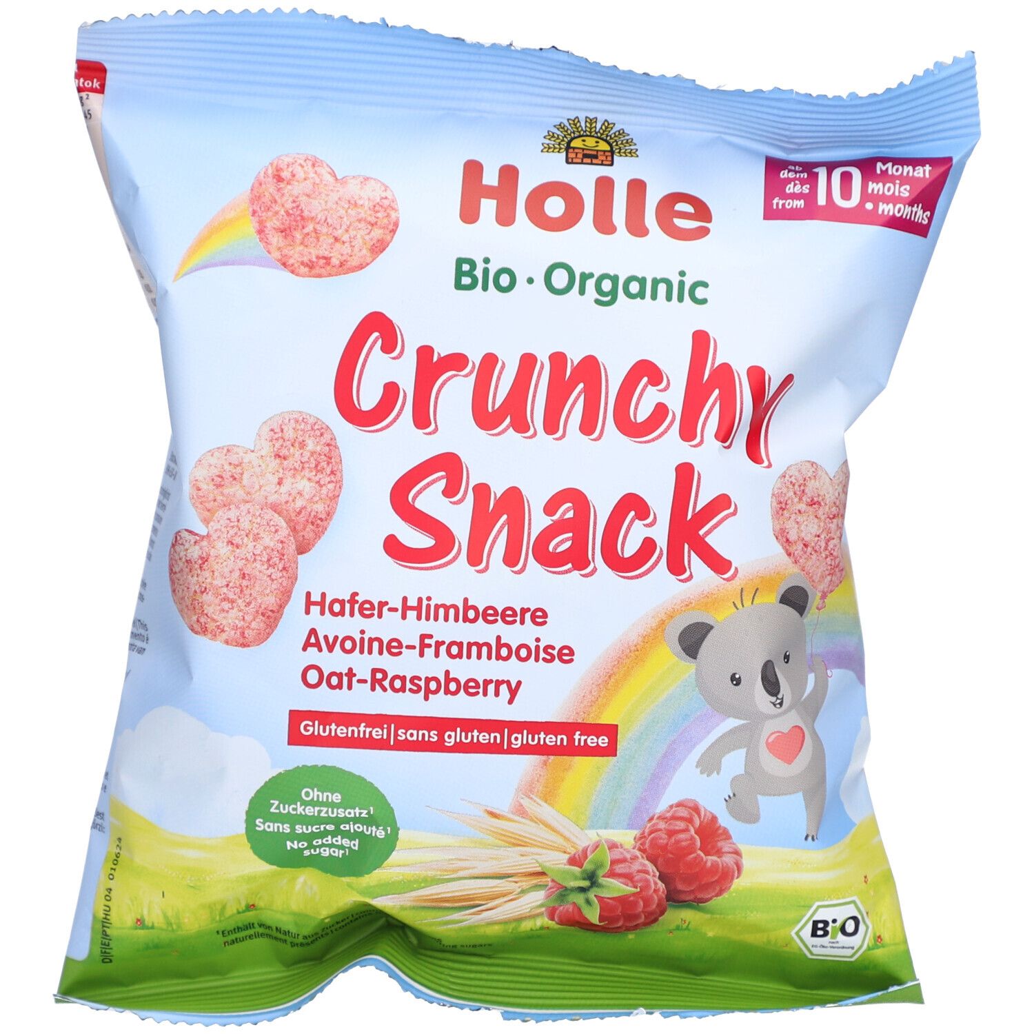 Verpackung Holle Bio-Crunchy Snack Hafer-Himbeere. Aufdruck: Crunchy Snack, Hafer-Himbeere, glutenfrei. Ab 10 Monaten. Mit Koala und Regenbogen.
