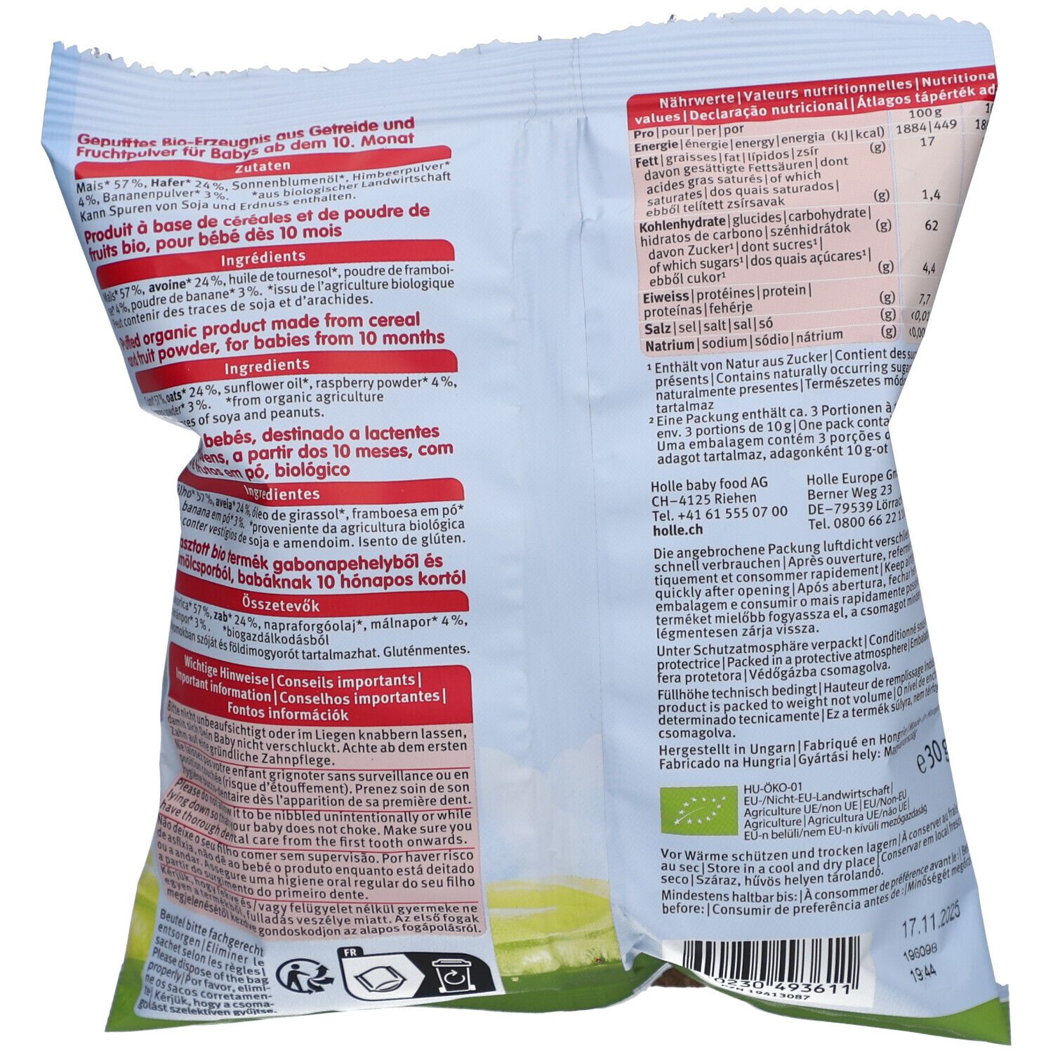 Rückseite der Verpackung Holle Bio-Crunchy Snack. Text: Nährwerte, Zutaten, Hinweise. Bio-Siegel. Mindesthaltbarkeitsdatum: 17.11.2022.