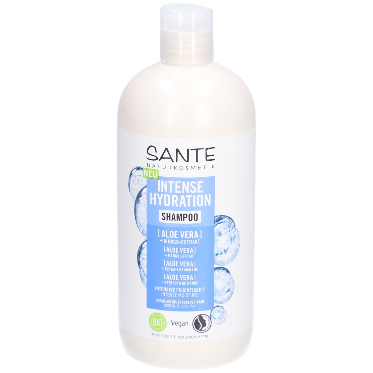 Weißliche Shampoo-Flasche mit blauem Etikett. Text: SANTE, INTENSE HYDRATION Shampoo, Aloe Vera, Mango-Extrakt. Bio-Siegel, Vegan.