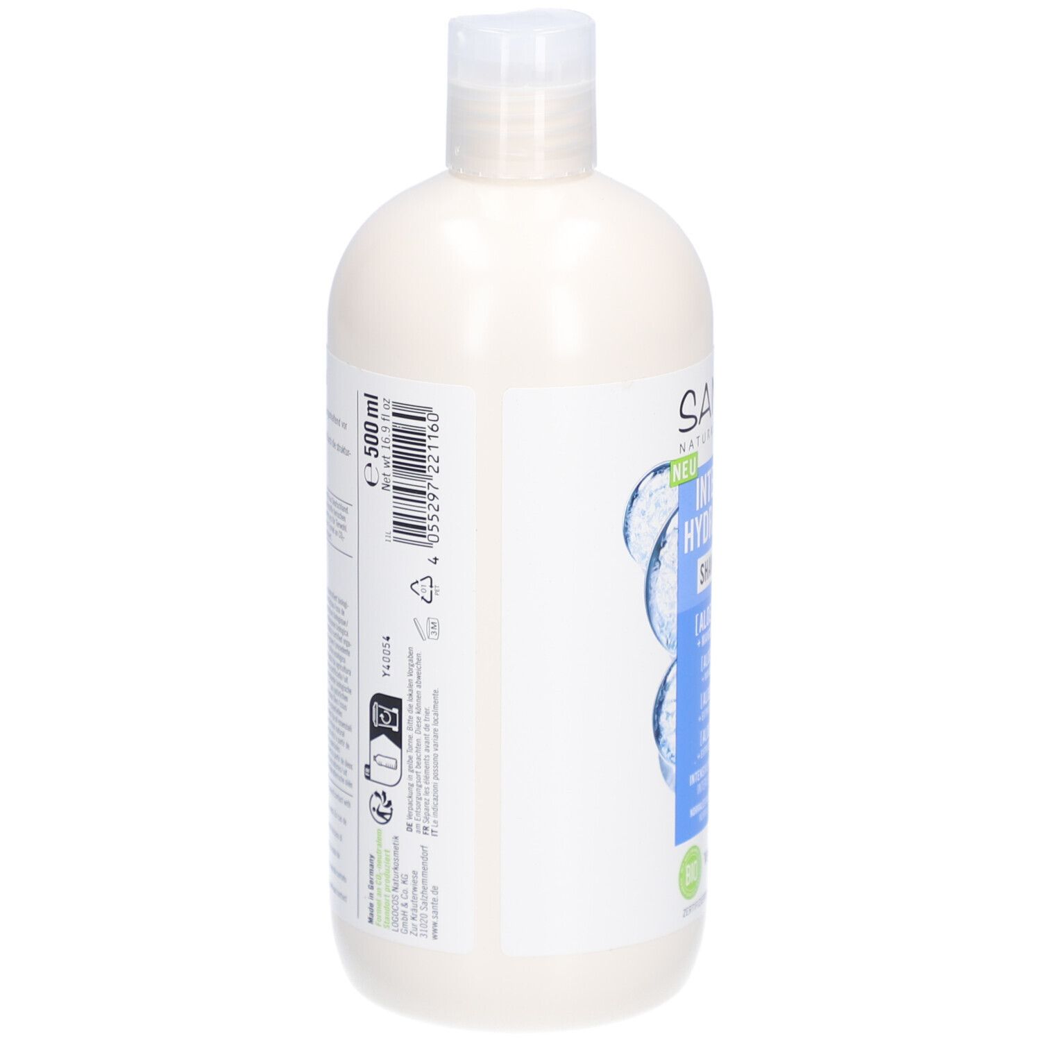 Weißliche Shampoo-Flasche, Seitenansicht. Etikett mit Text und Informationen. 500 ml. Recycling-Symbole. Vegan-Siegel.