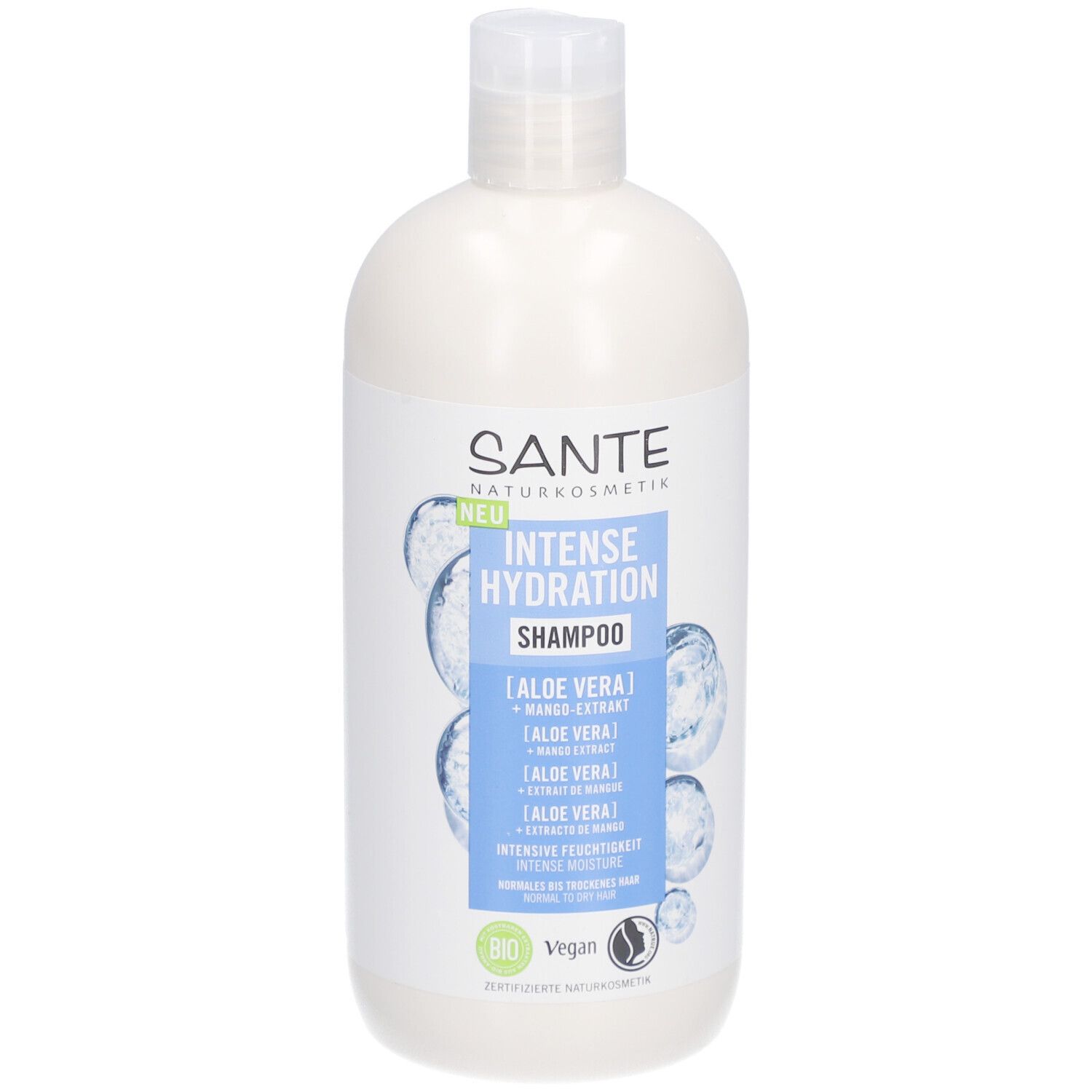 Weißliche Shampoo-Flasche mit blauem Etikett. Text: SANTE, INTENSE HYDRATION Shampoo, Aloe Vera, Mango-Extrakt. Bio-Siegel, Vegan.