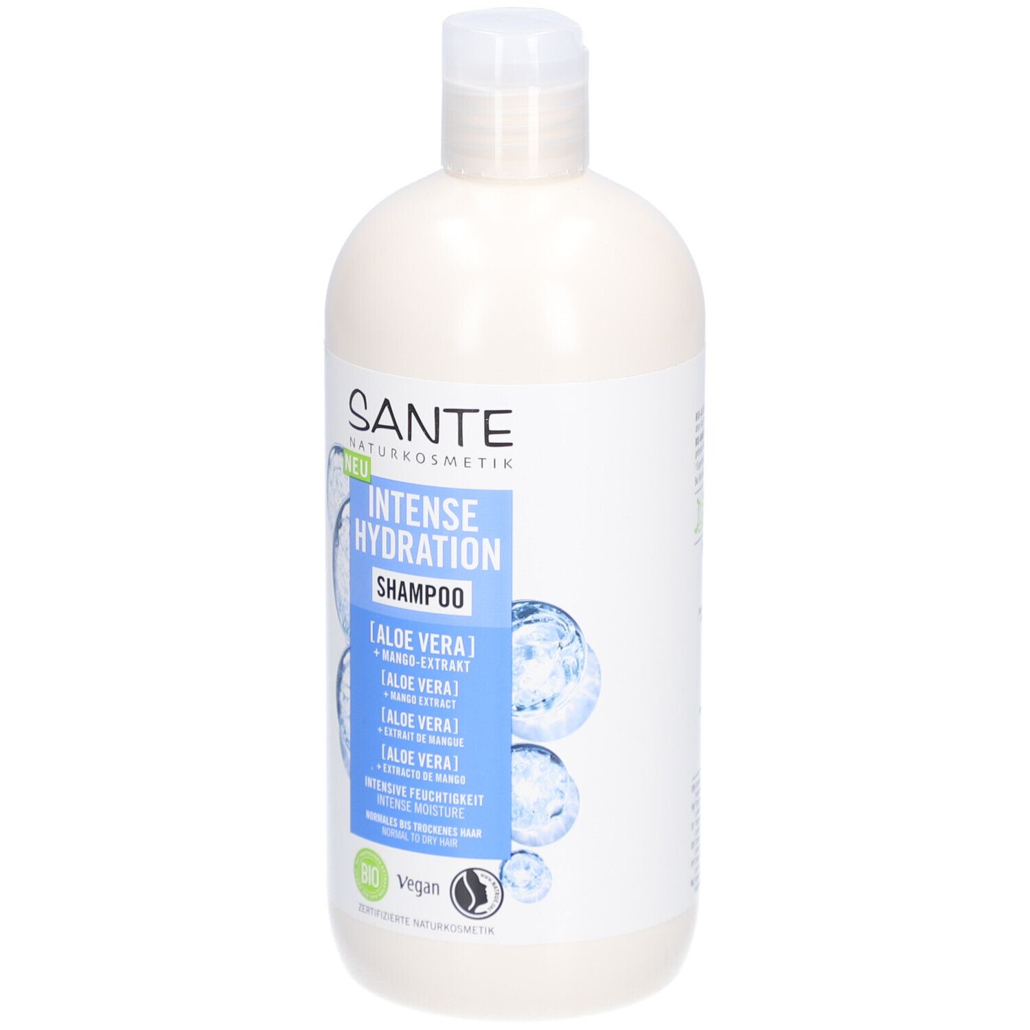 Weißliche Shampoo-Flasche mit blauem Etikett. Text: SANTE, INTENSE HYDRATION Shampoo, Aloe Vera, Mango-Extrakt. Bio-Siegel, Vegan.