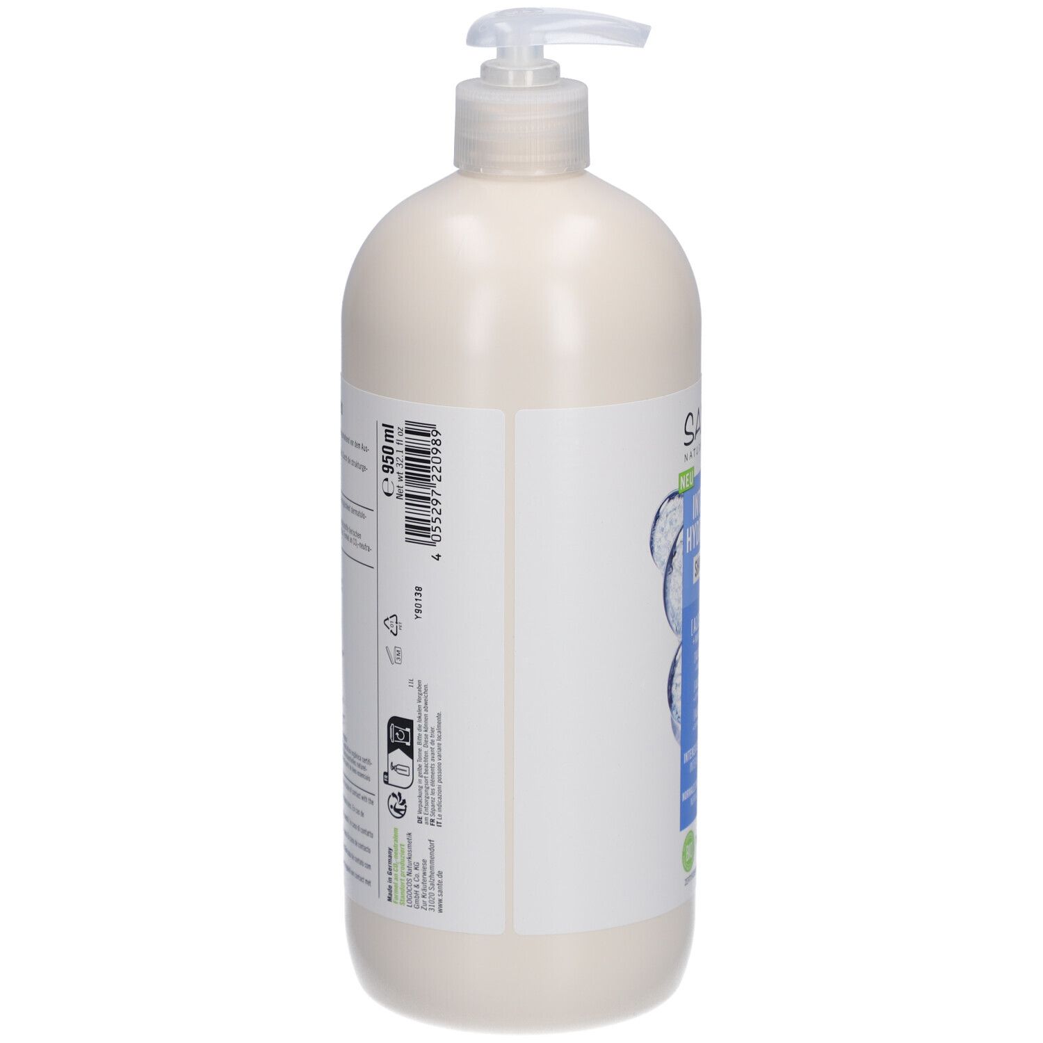 Vue arrière du flacon de shampooing. Étiquette avec informations produit, ingrédients et fabricant. Label vegan.