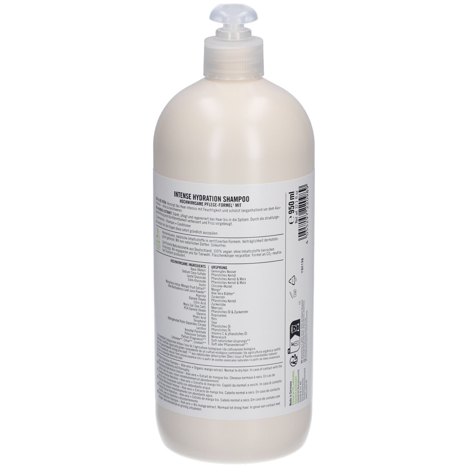 Vue arrière du flacon de shampooing. Étiquette avec informations produit, ingrédients et fabricant. Label vegan.