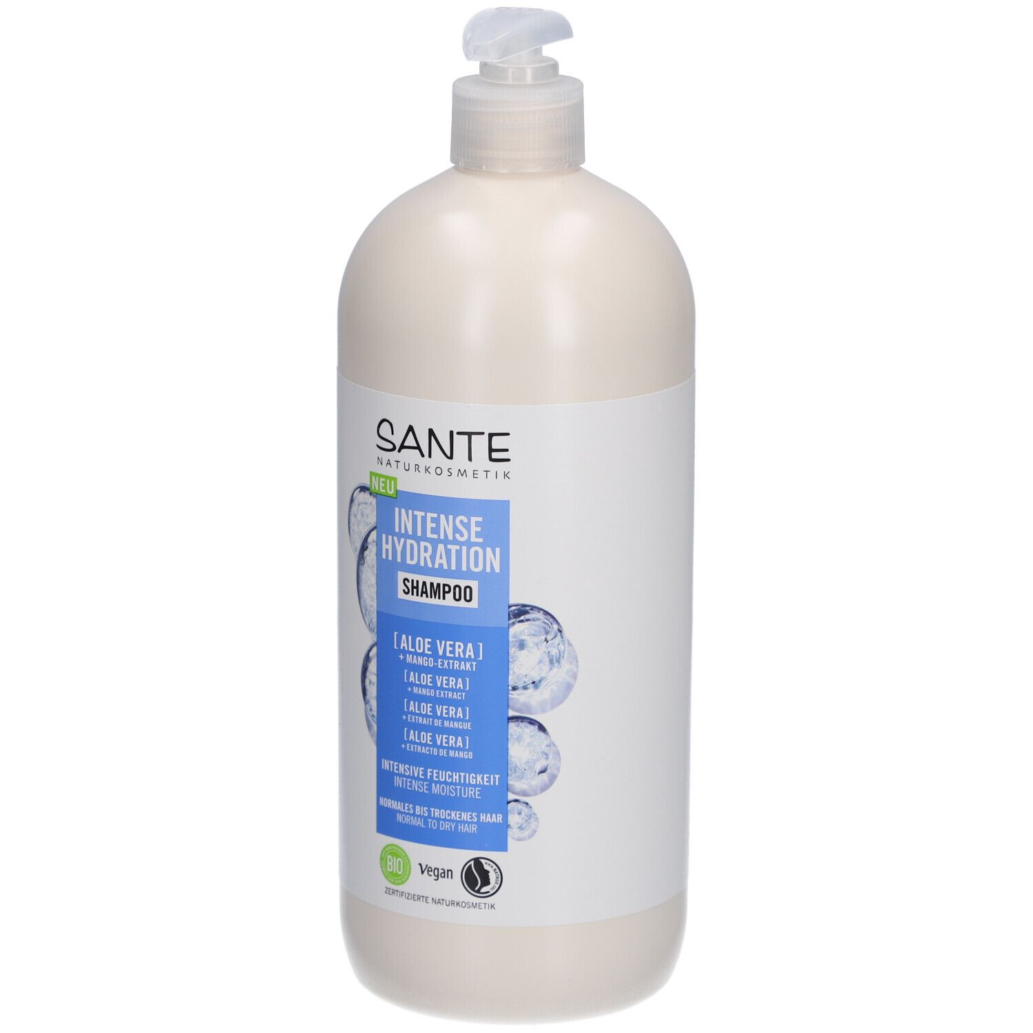 Flacon de shampooing beige avec pompe. Étiquette avec nom du produit et ingrédients. Labels vegan et bio.