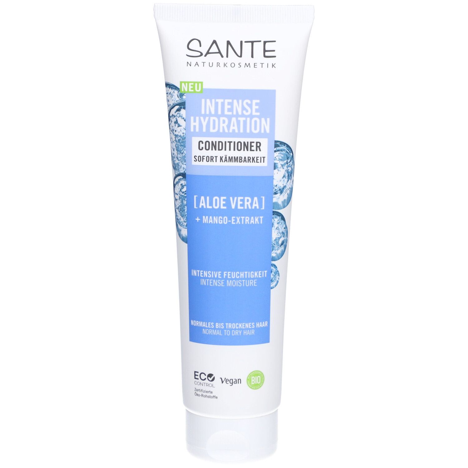 Weiße Tube mit SANTE INTENSE HYDRATION Conditioner. Blaue Schriftfelder mit Produktinformationen. Aloe Vera und Mango-Extrakt.