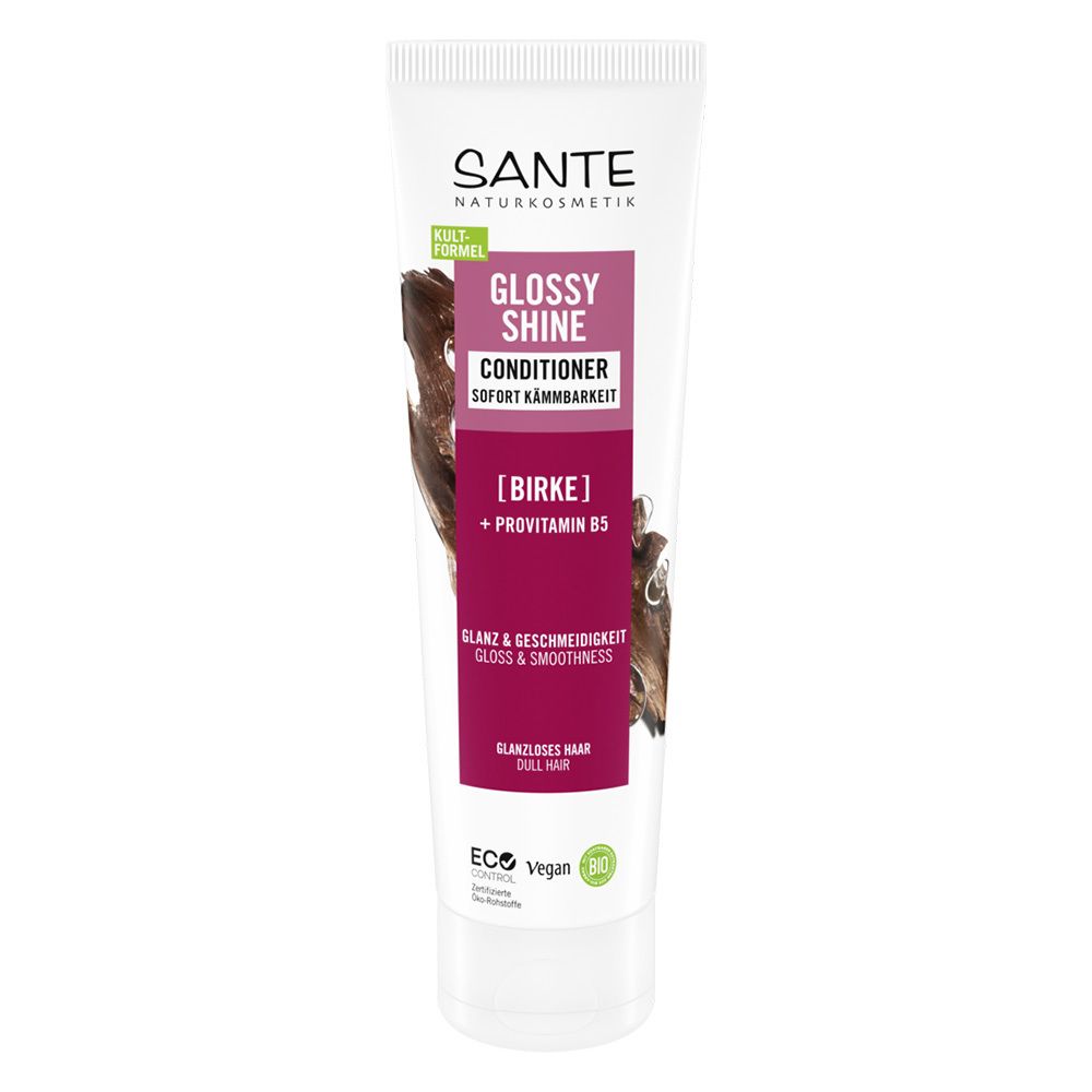 Weiße Tube mit SANTE-Logo und Produktbezeichnung GLOSSY SHINE CONDITIONER. Enthält Birkenextrakt und Provitamin B5. Vegan-Siegel.