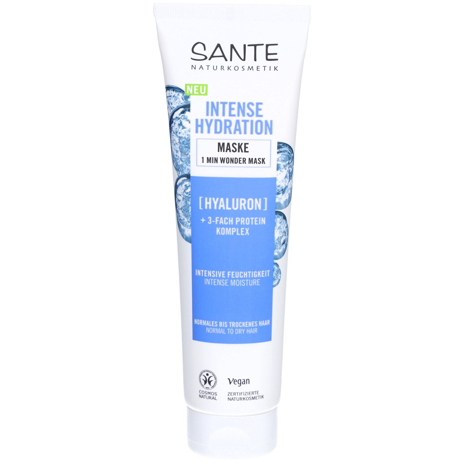 Weiße Tube mit blauer Aufschrift. Enthält SANTE, Intense Hydration, Maske, Hyaluron. Vegan-Logo.