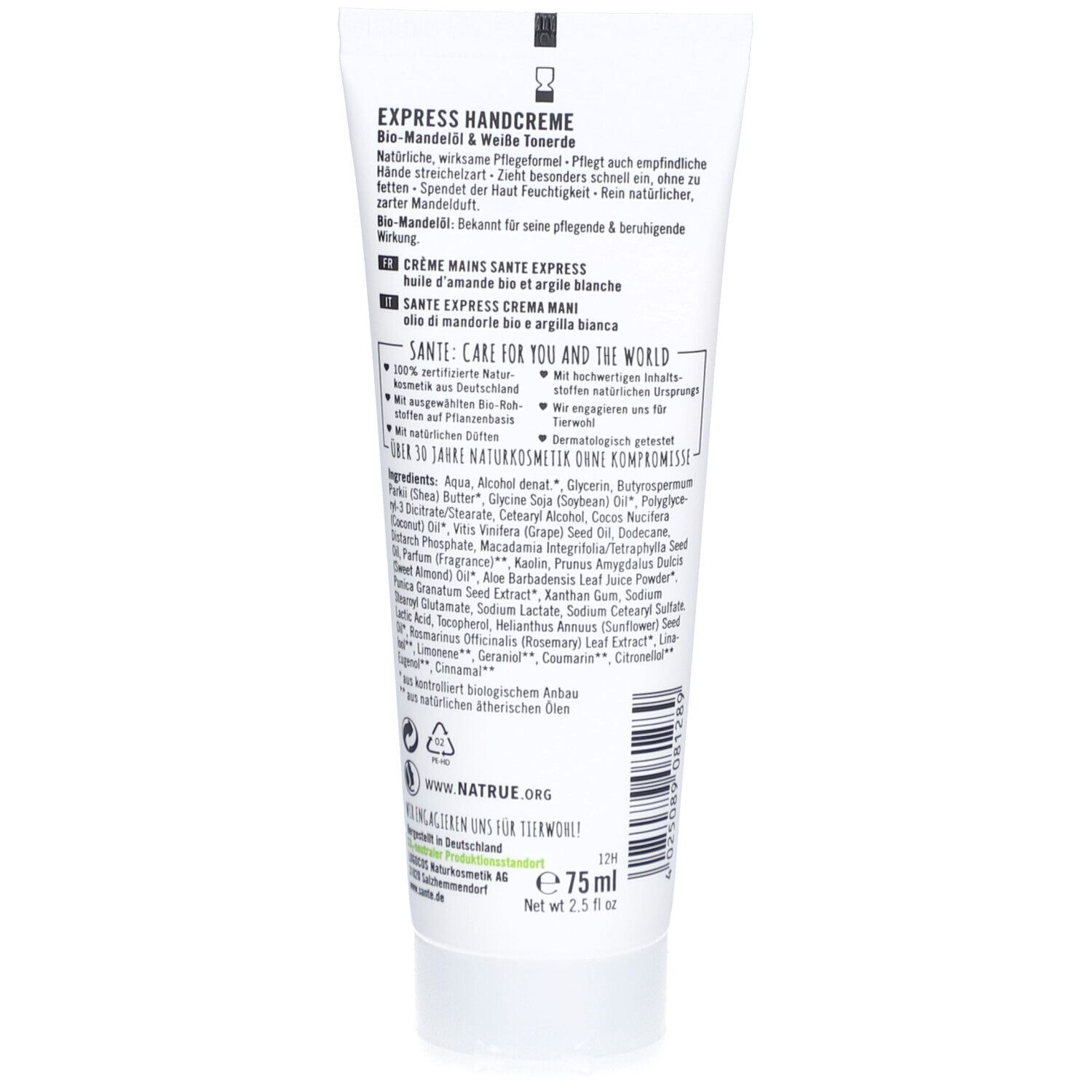 Rückseite der Tube. Text: EXPRESS HANDCREME. Inhaltsstoffe, NATRUE-Logo, Vegan-Siegel. Volumen: 75ml.