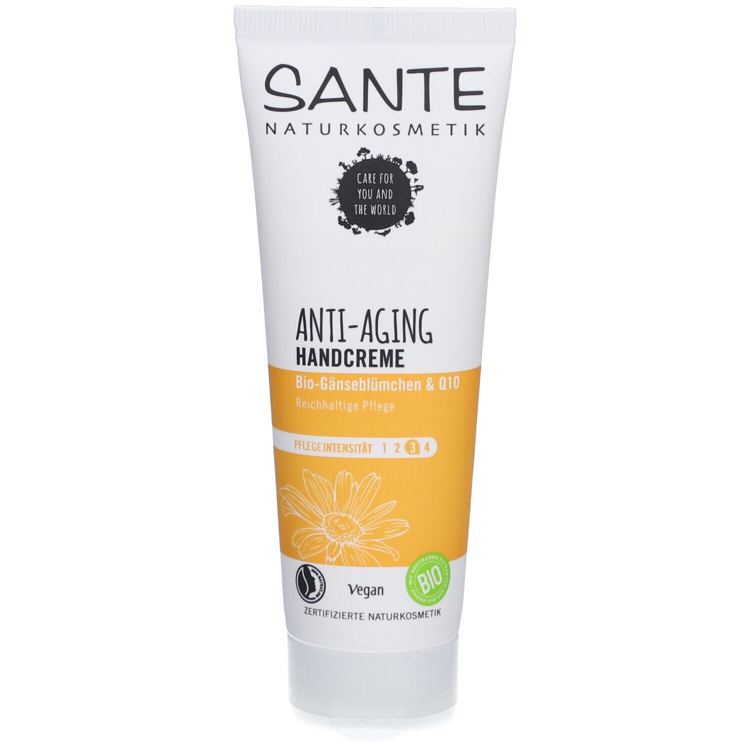 Weiße Tube SANTE Anti-Aging Handcreme mit Q10. Aufschrift: Anti-Aging Handcreme, Bio-Gänseblümchen & Q10. Vegan, Bio-Siegel.