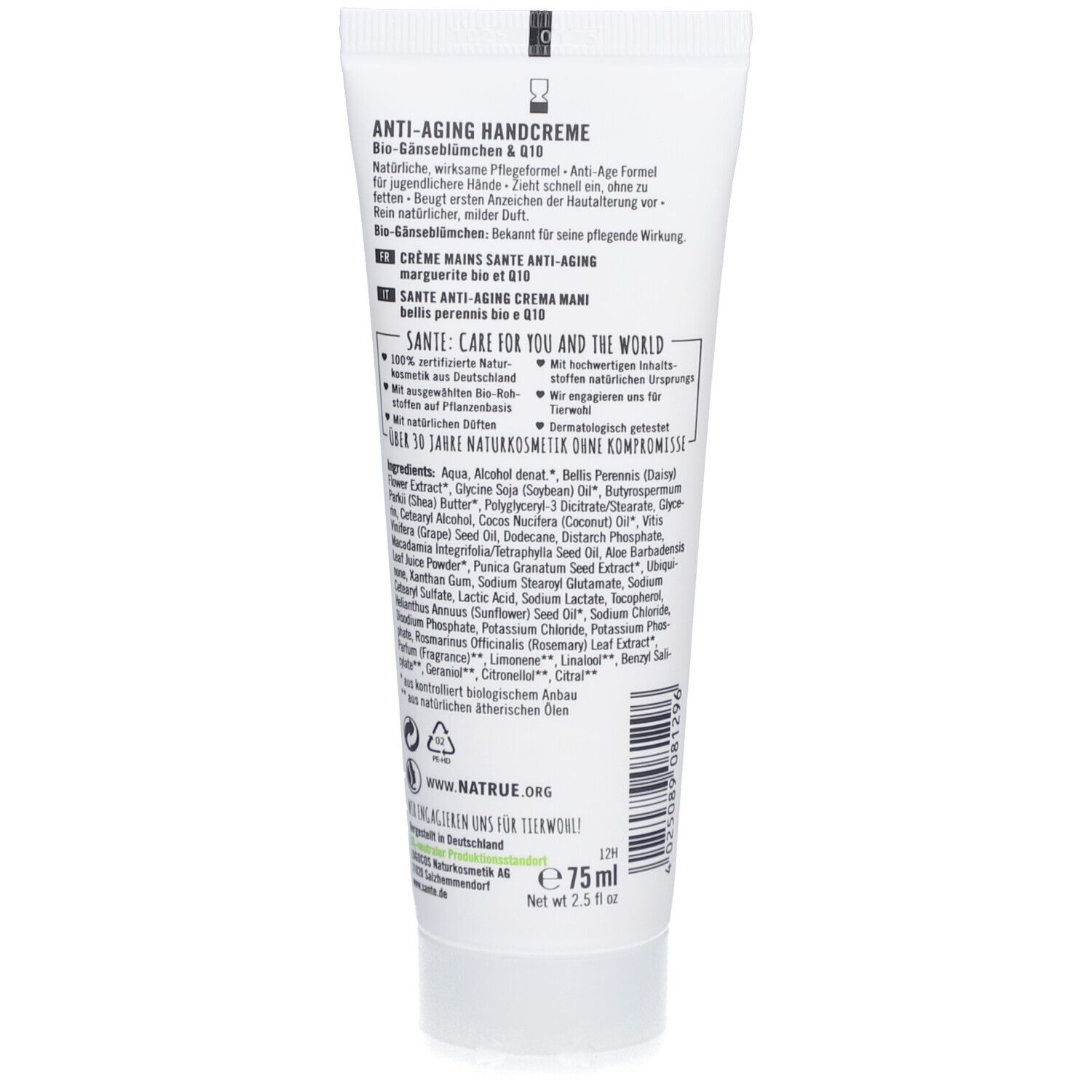 Rückseite der SANTE Anti-Aging Handcreme Tube. Text mit Inhaltsstoffen und Informationen. Natrue-Siegel und 75ml.