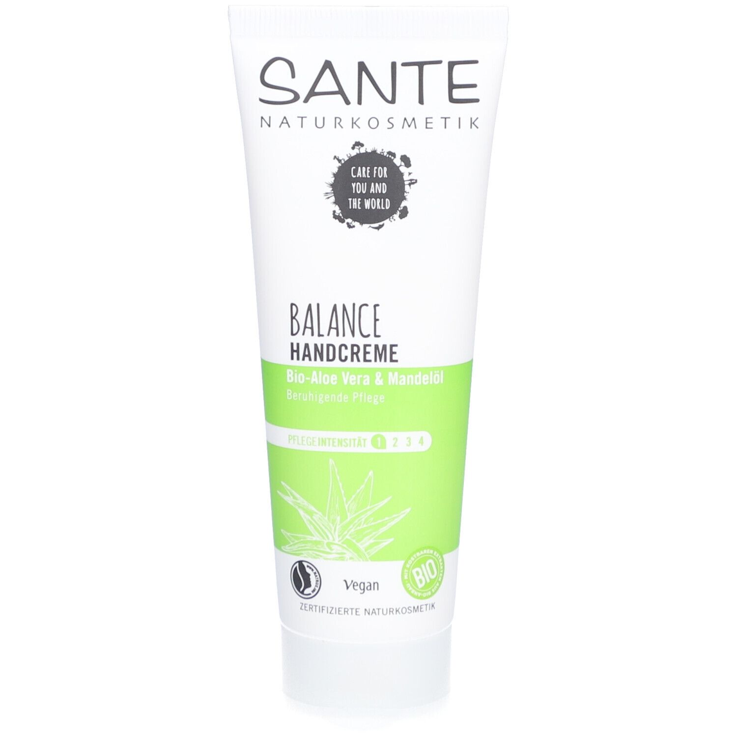 Tube blanche de crème pour les mains SANTE Balance Bio-Aloe Vera. Étiquette verte et blanche avec logo, nom du produit, illustration d'aloe vera et label bio.