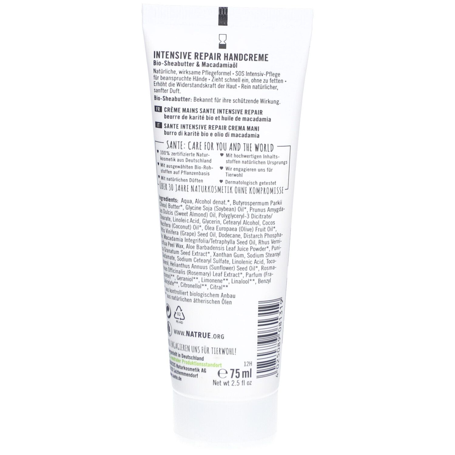 Rückseite der SANTE Handcreme-Tube. Text mit Produktinformationen und Inhaltsstoffen. NATRUE-Siegel.