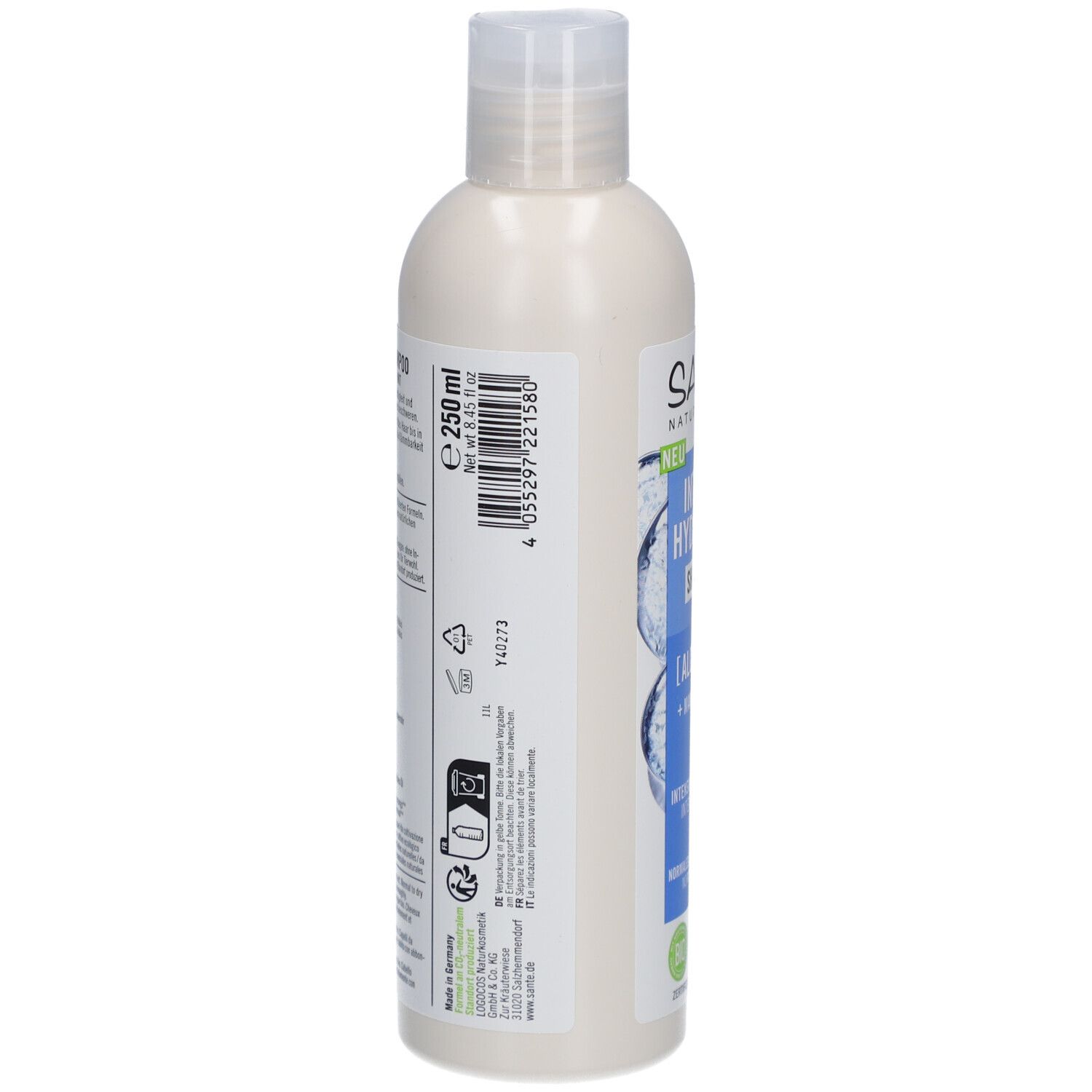 Shampoo SANTE INTENSE HYDRATION. Dos de la bouteille. Contient des informations sur les ingrédients et le fabricant. 250 ml.
