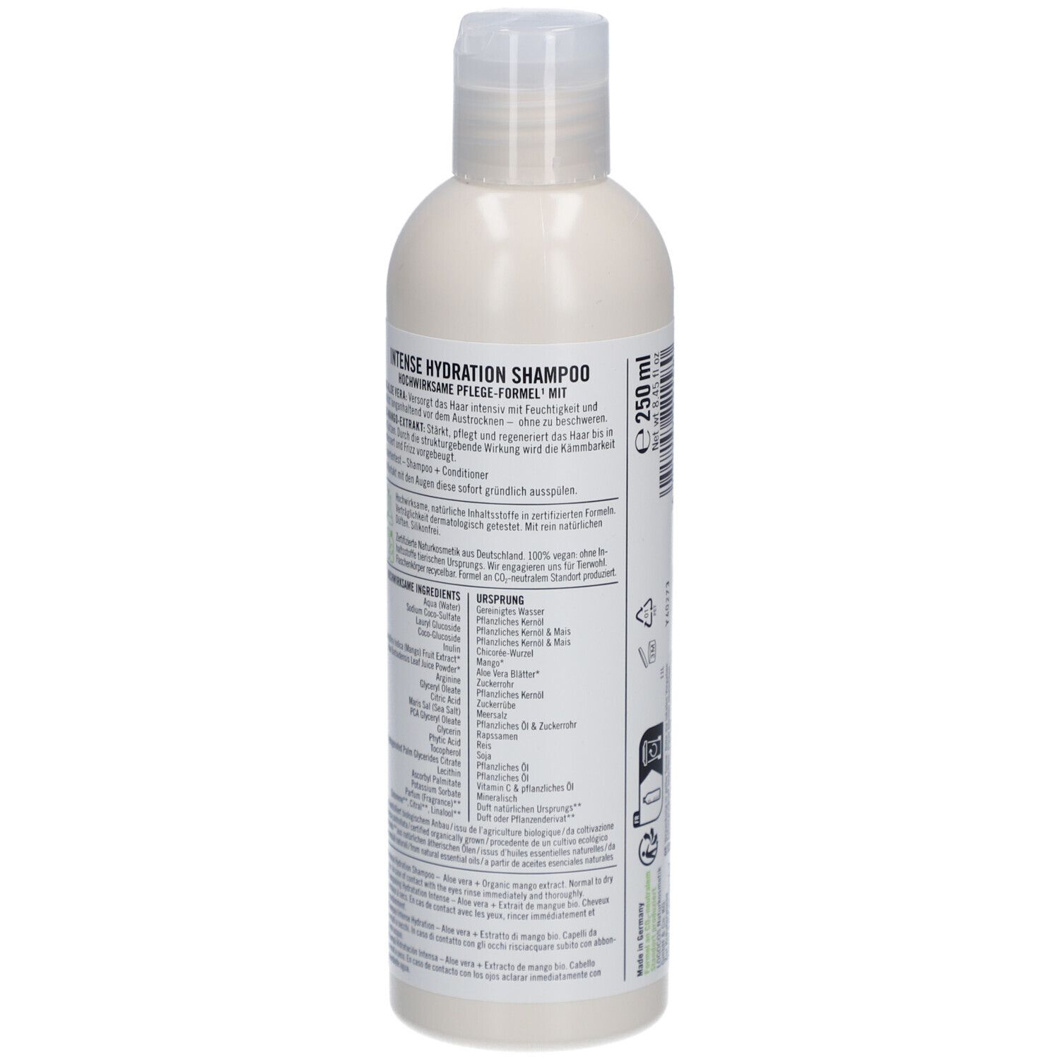 Shampoo SANTE INTENSE HYDRATION. Dos de la bouteille avec ingrédients et instructions. 250 ml.