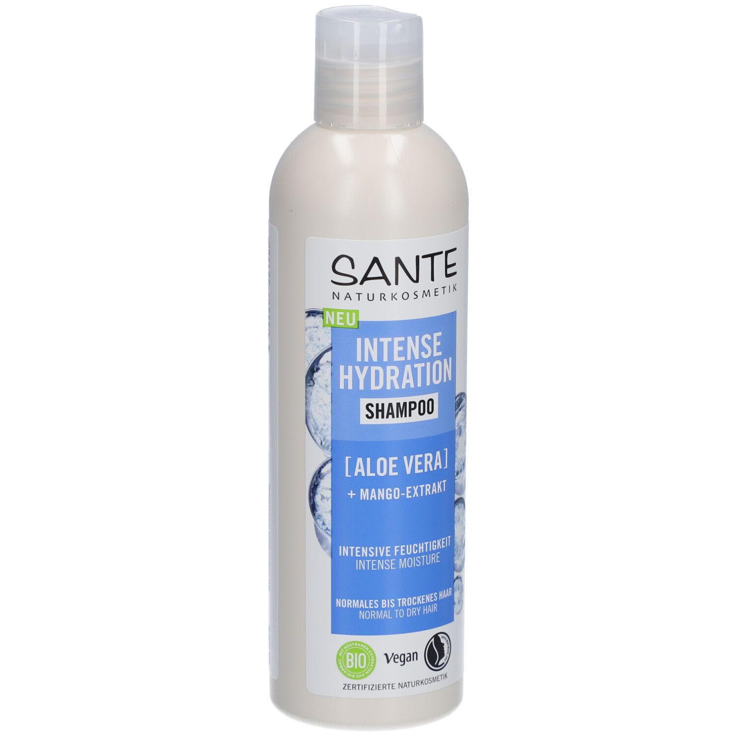 Shampoo SANTE INTENSE HYDRATION. Bouteille blanche avec étiquette bleue. Contient de l'aloe vera et de l'extrait de mangue. Pour cheveux normaux à secs.