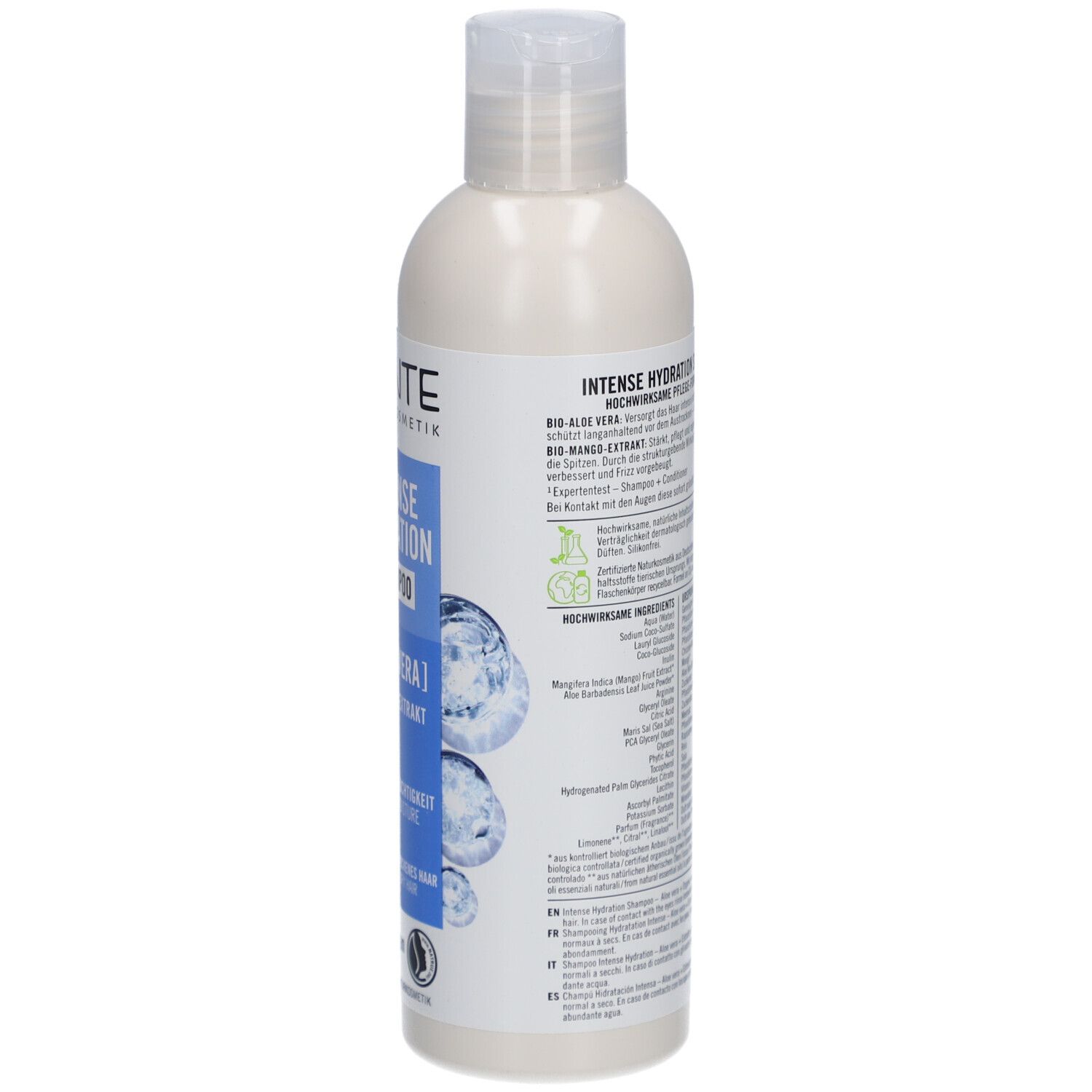 Shampoo SANTE INTENSE HYDRATION. Dos de la bouteille avec ingrédients et certifications. 250 ml.