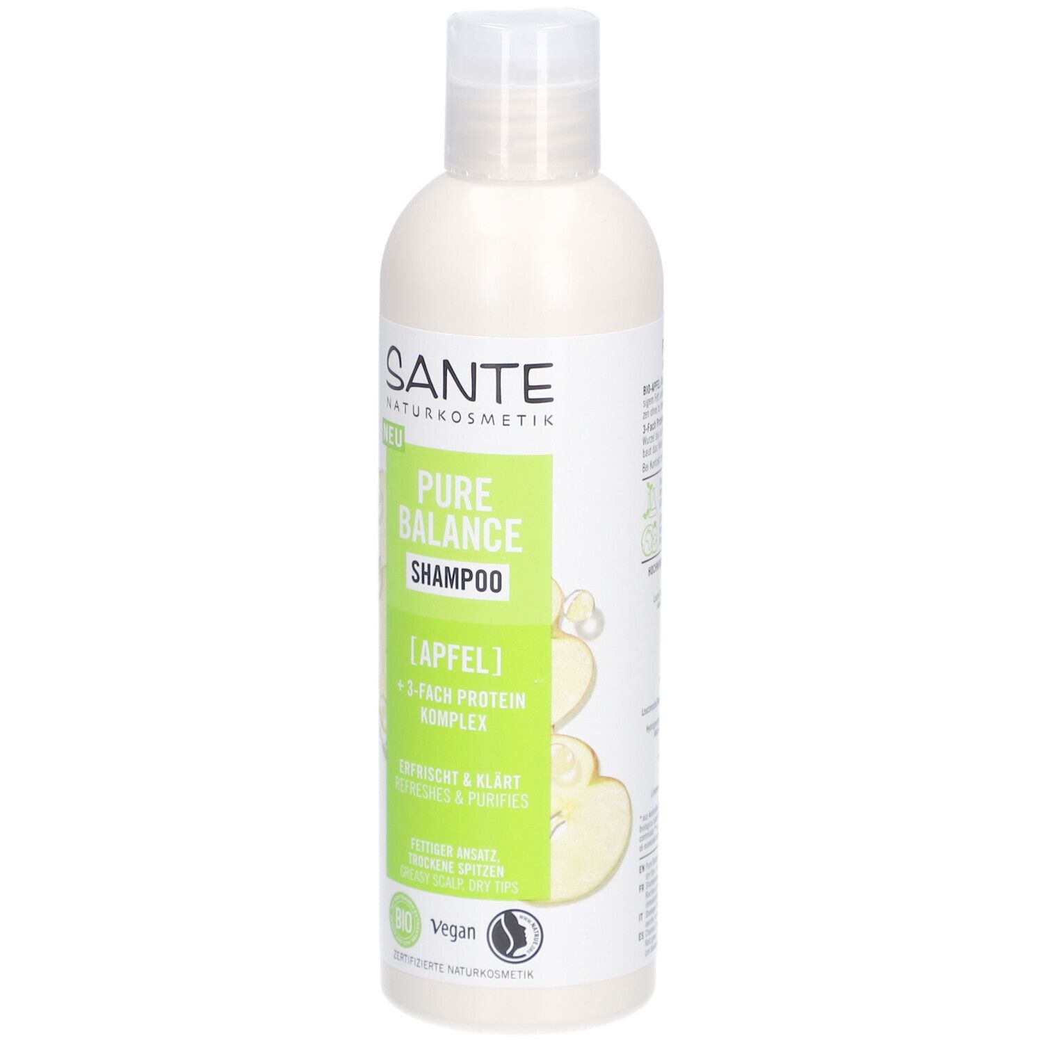 Shampooing SANTE Pure Balance, pomme, flacon de 250 ml. Étiquette verte et blanche avec informations et label bio.